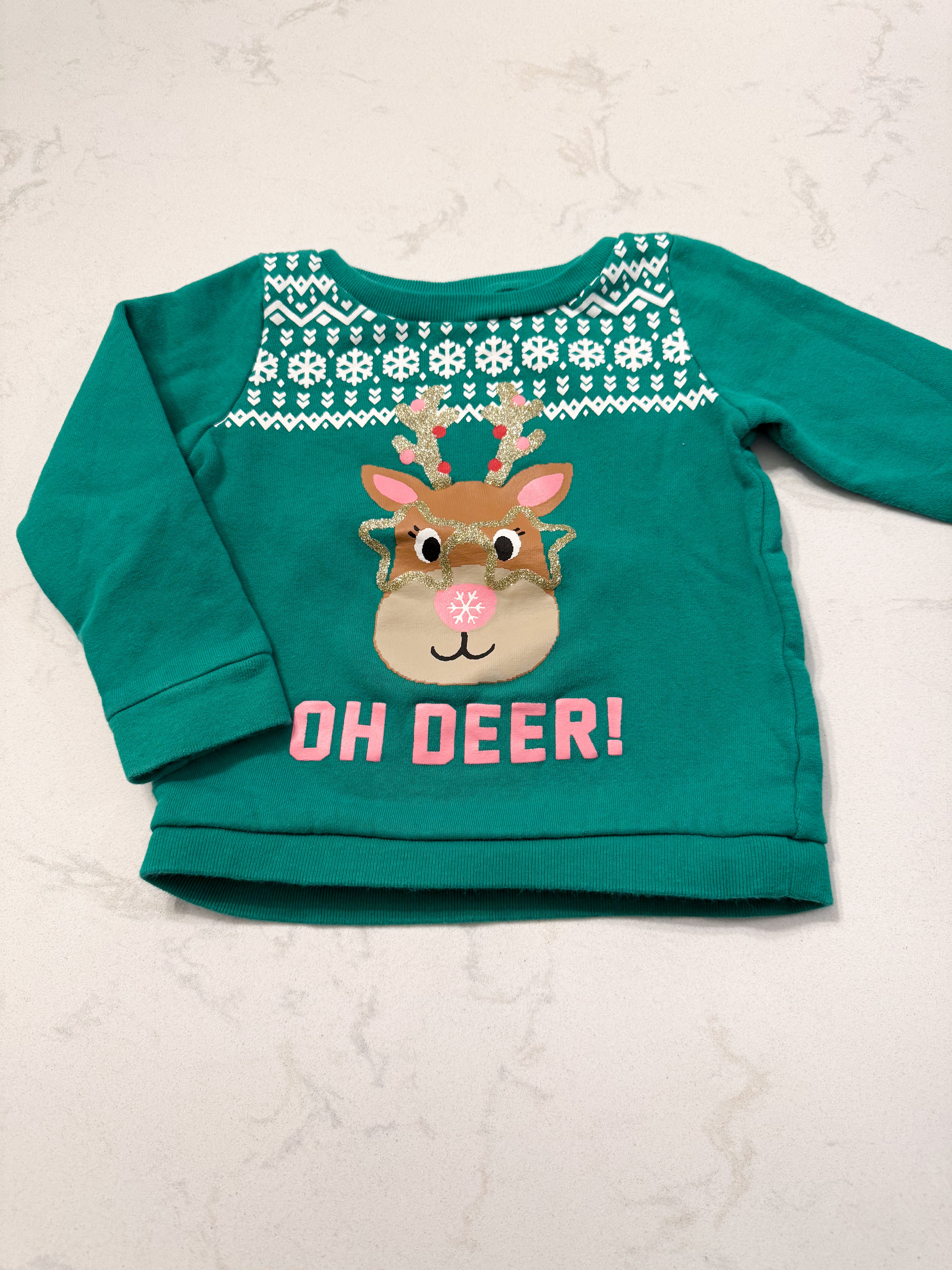 Carter’s- 2T- VGUC- long sleeve green crewneck with reindeer in glasses