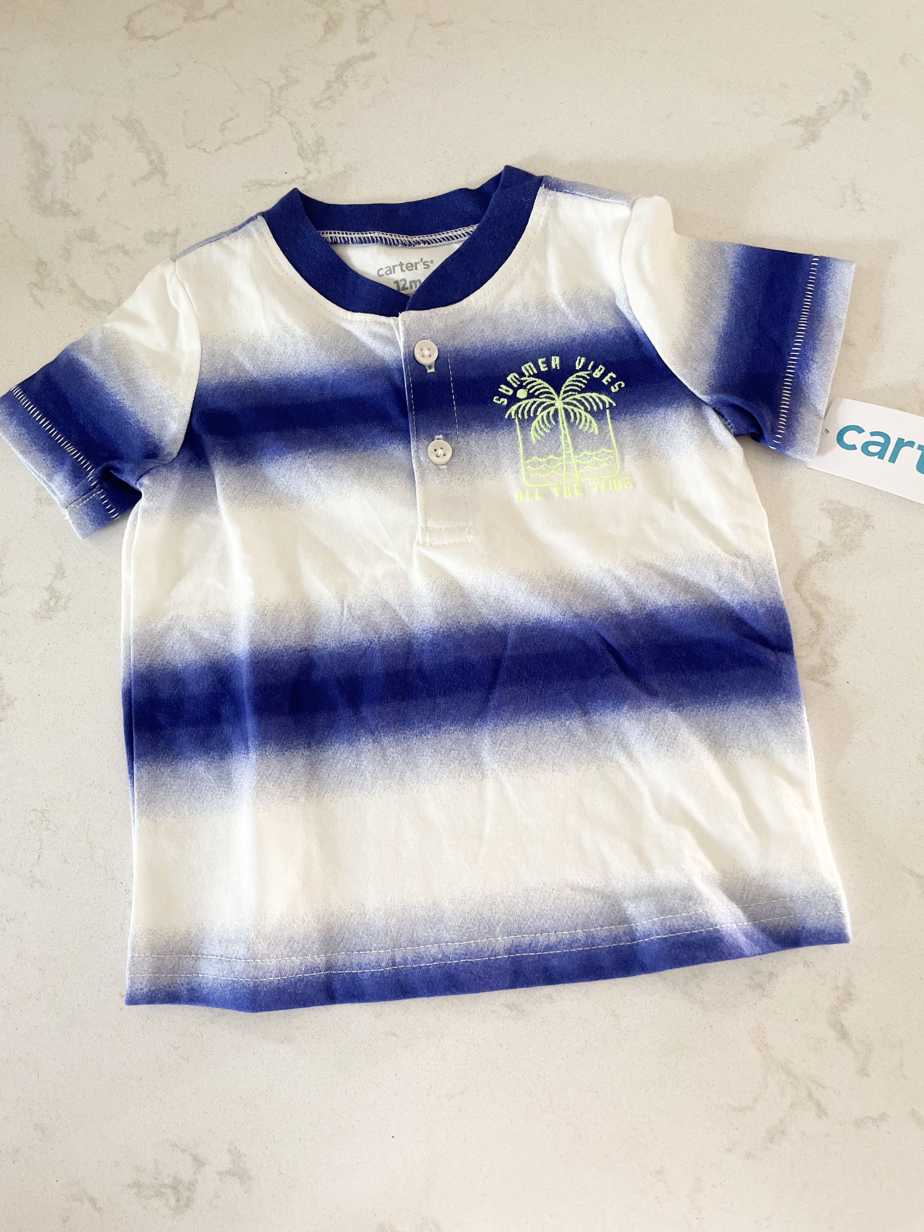 Carter’s-12m-BNWT-blue and white striped tee with summer vibes embroidery