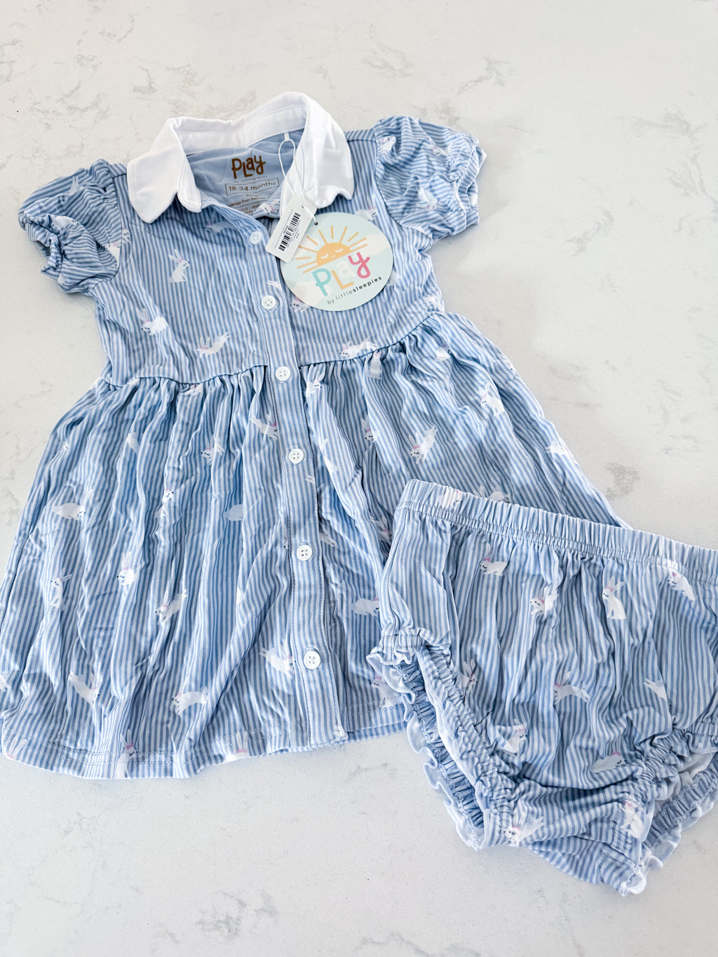 Little Sleepies (play collection)- 18-24m- BNWT- bamboo stripes and bunnies button up dress with bummies