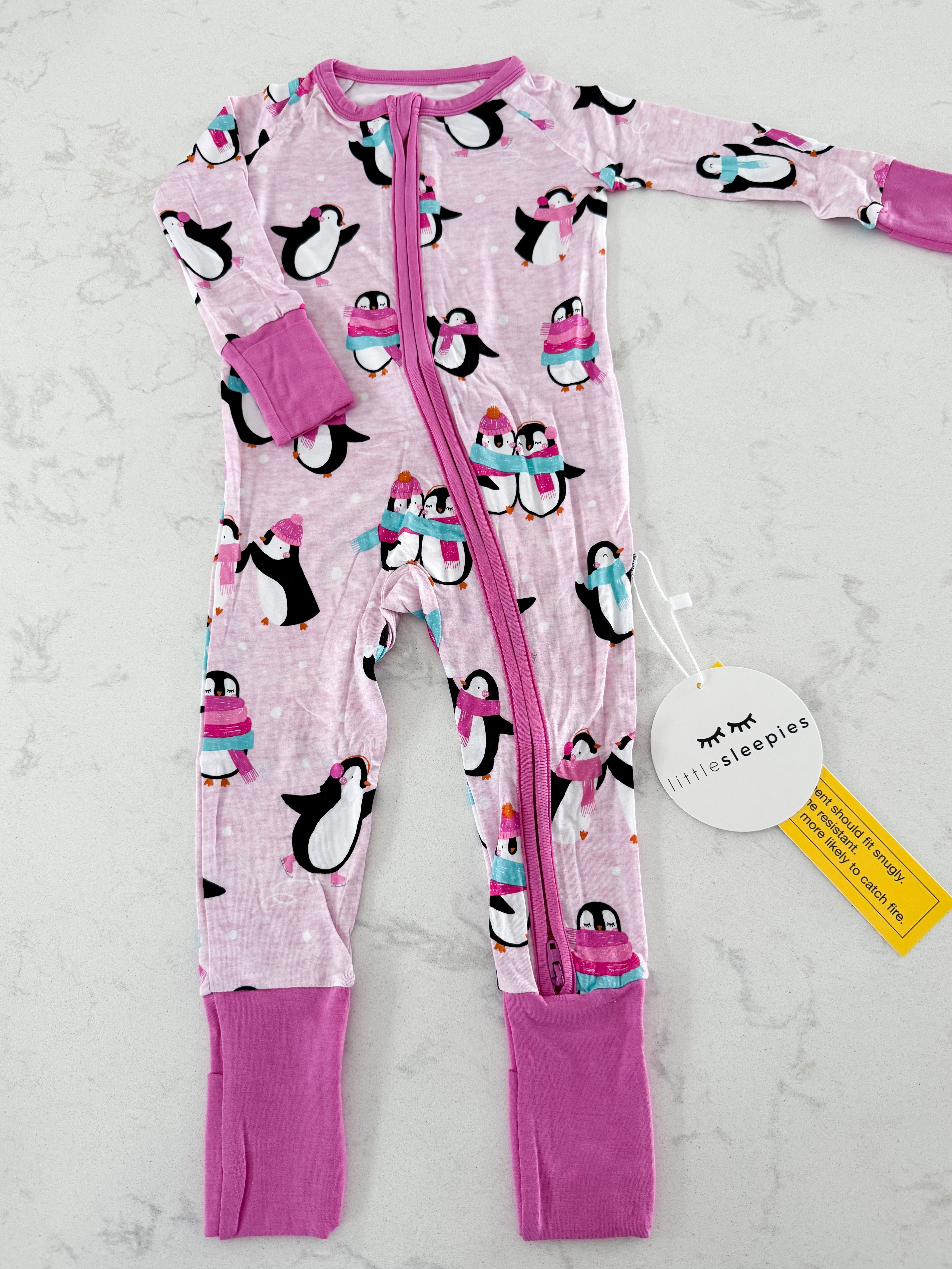 Little Sleepies- 6-12m- BNWT- pink bamboo footless jammies with penguins and fold over feet and hands