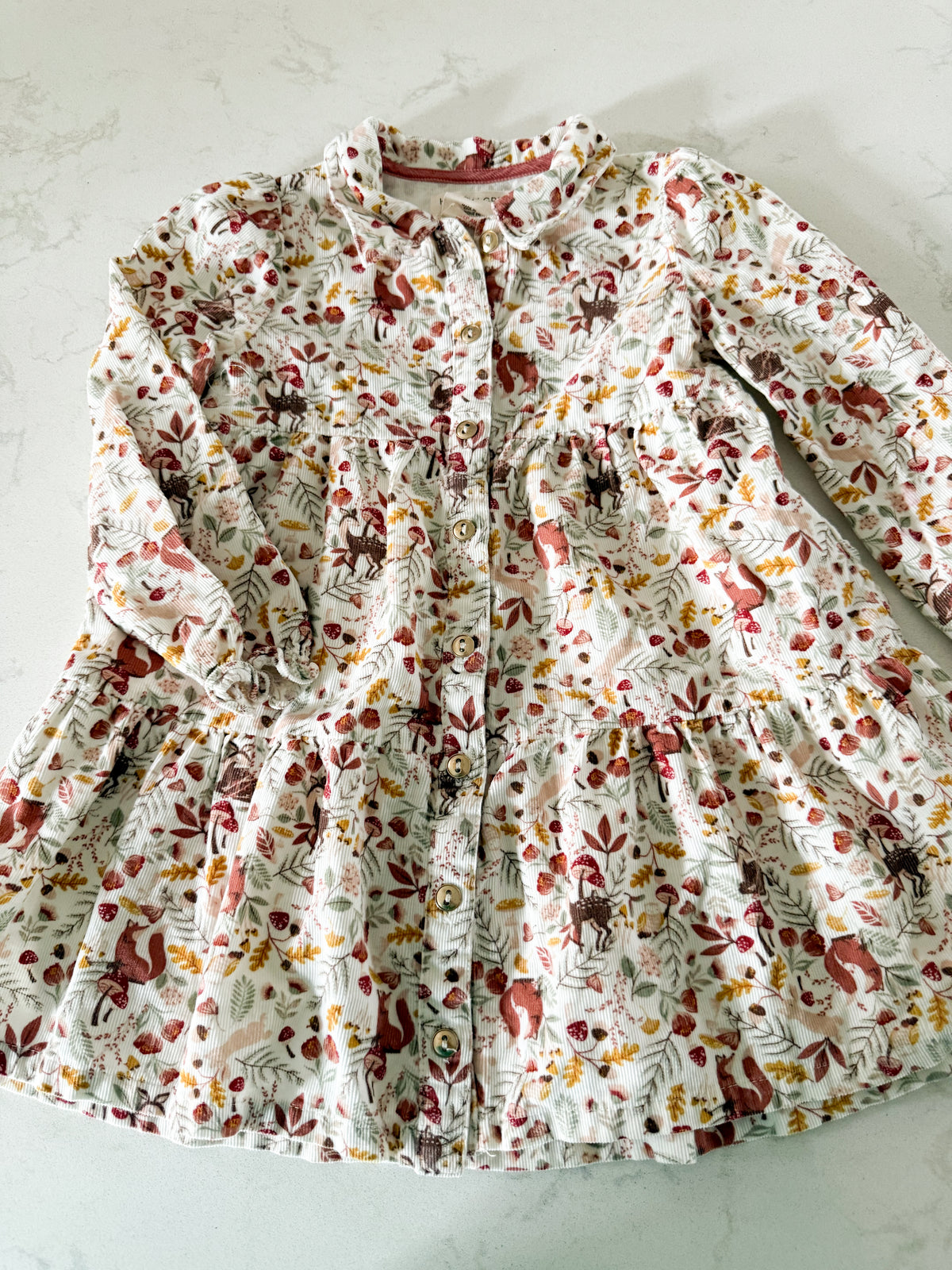 Happily Grey Kids- 3T- VGUC- white corduroy dress with forest wildlife pattern