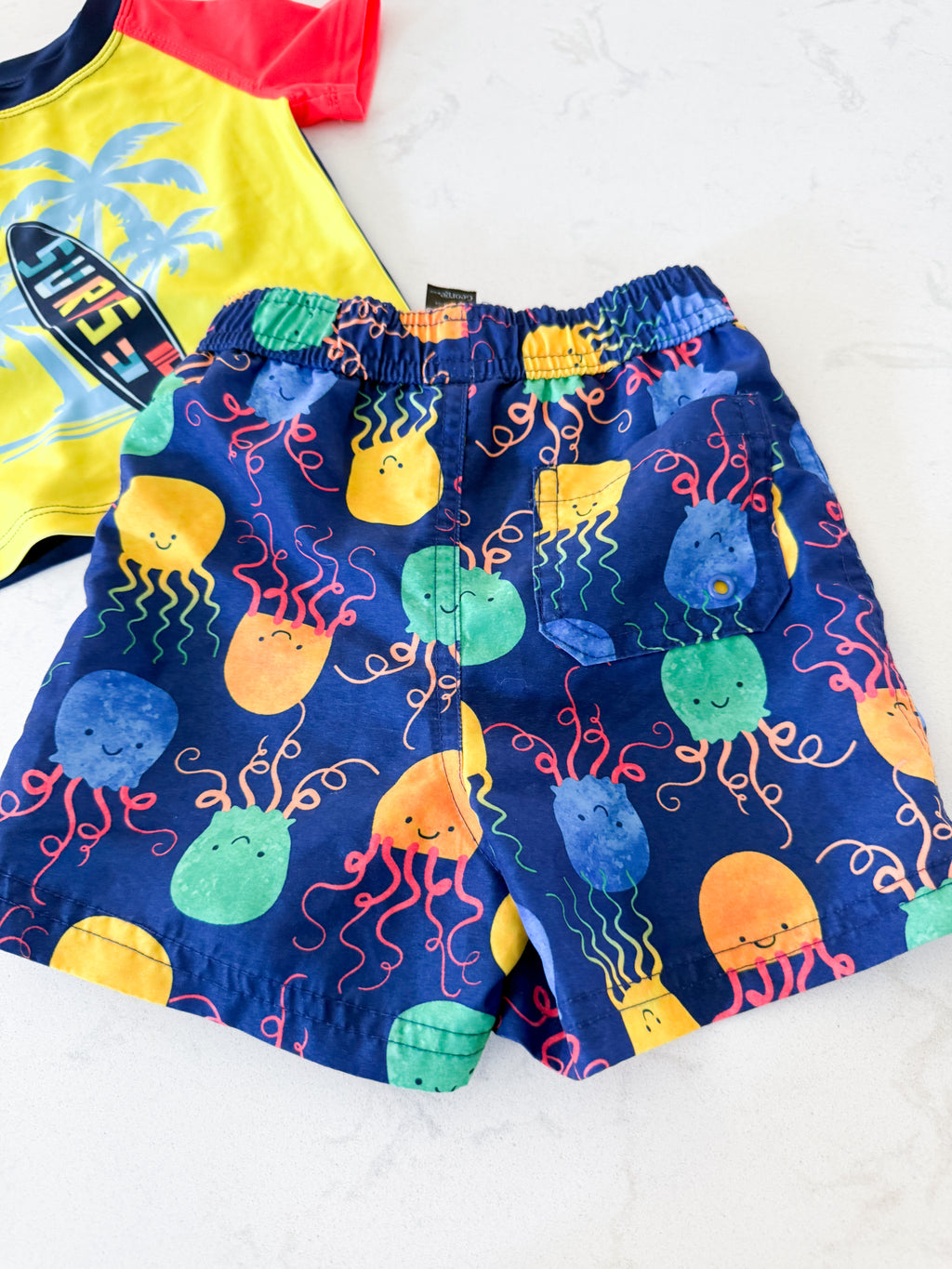 George- 12-18m- VGUC- bright neon rashguard and swim trunk set with jellyfish