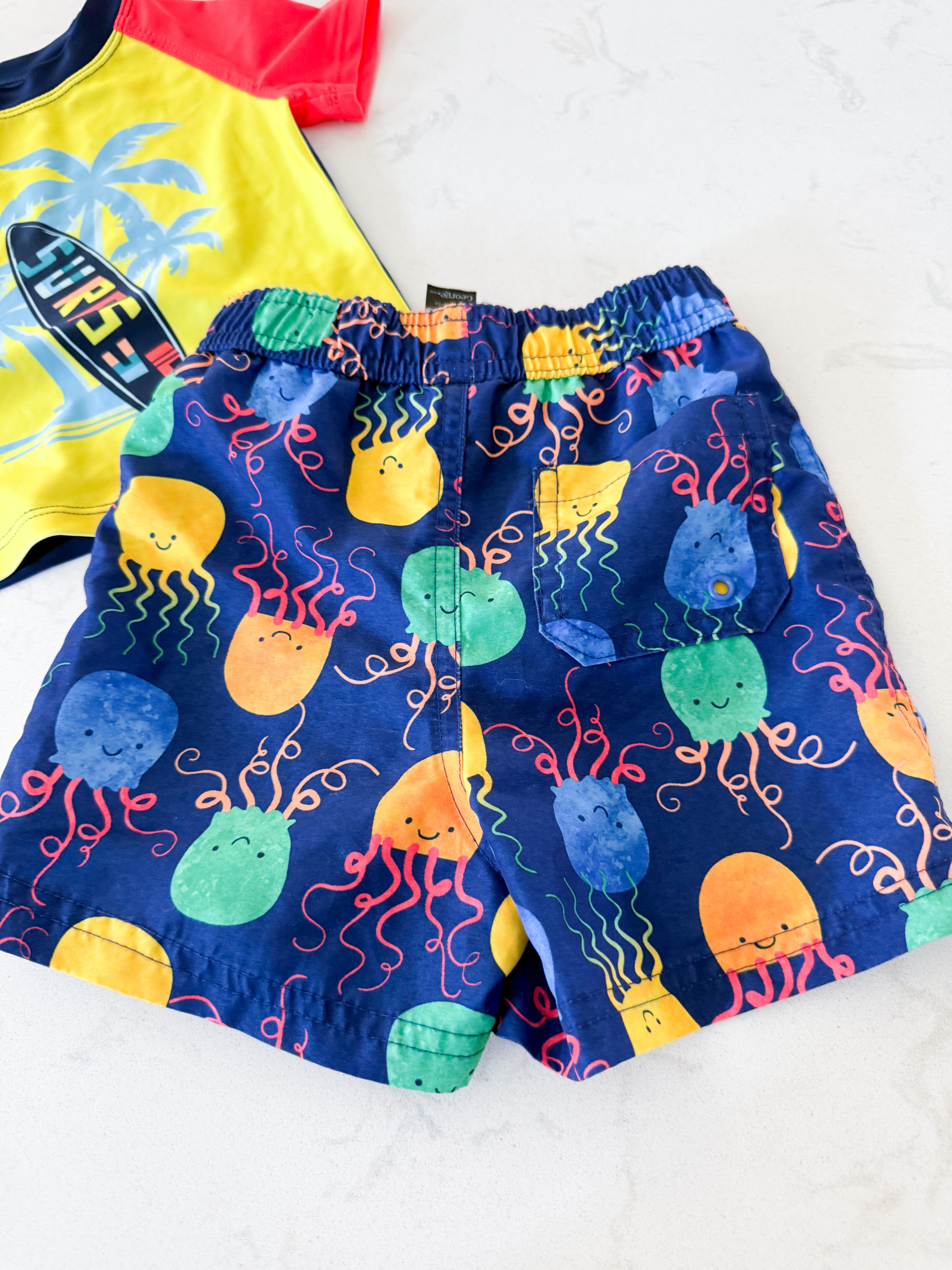 George- 12-18m- VGUC- bright neon rashguard and swim trunk set with jellyfish