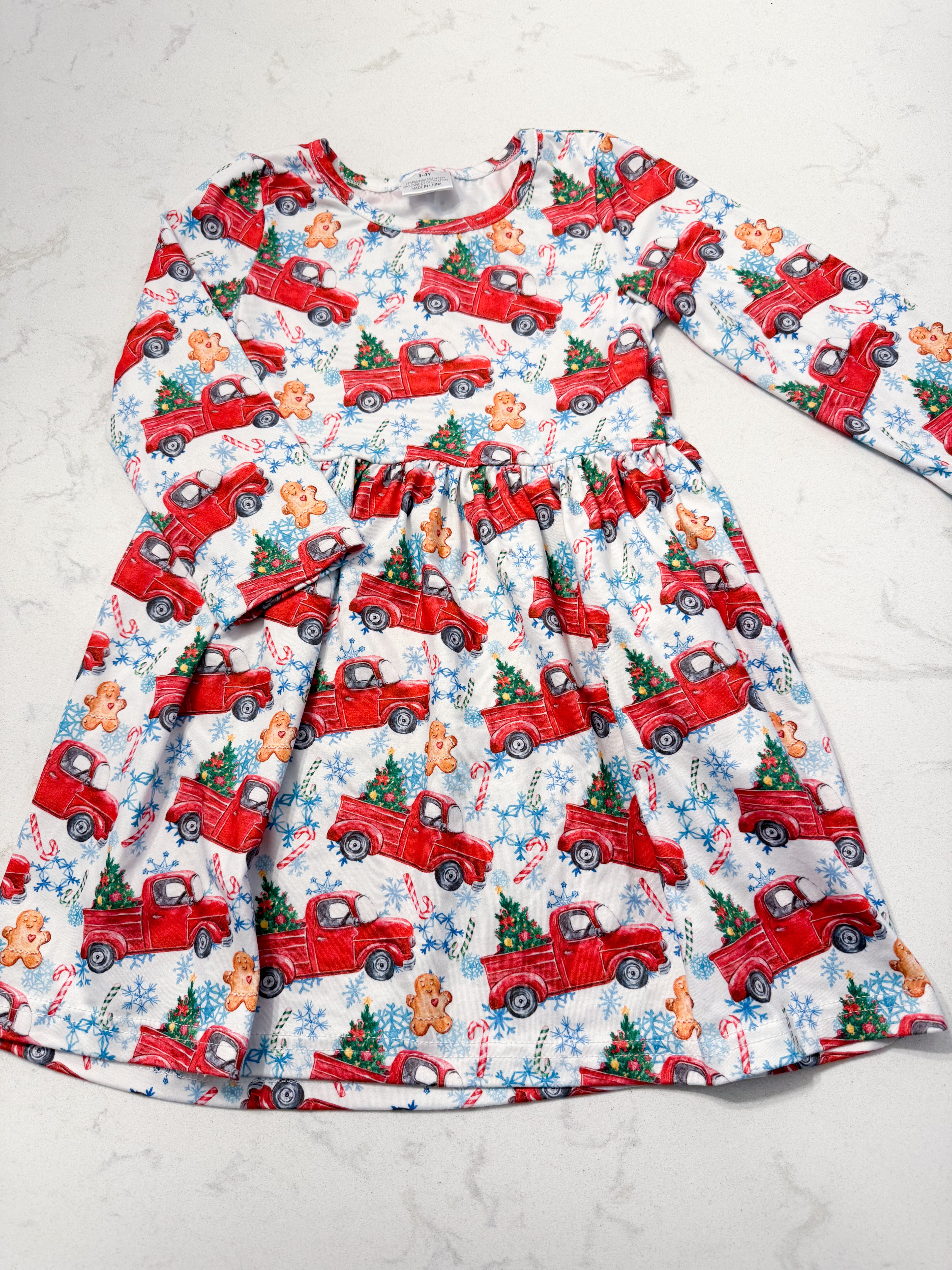 No brand- 3-4Y- VGUC- red truck long sleeve Christmas dress