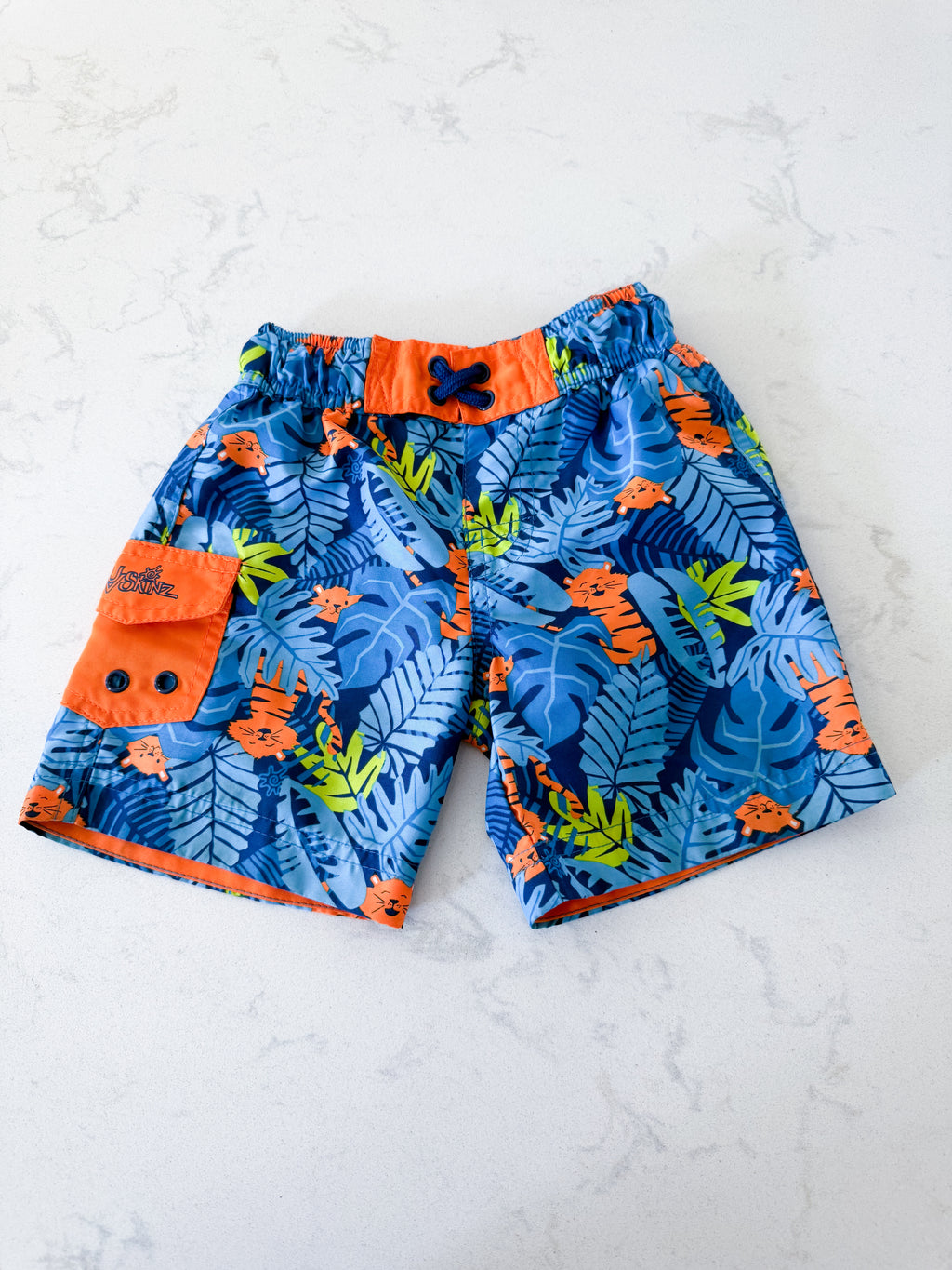 UV Skinz- 2T- VGUC- blue tropical leaf swim trunks with orange tigers