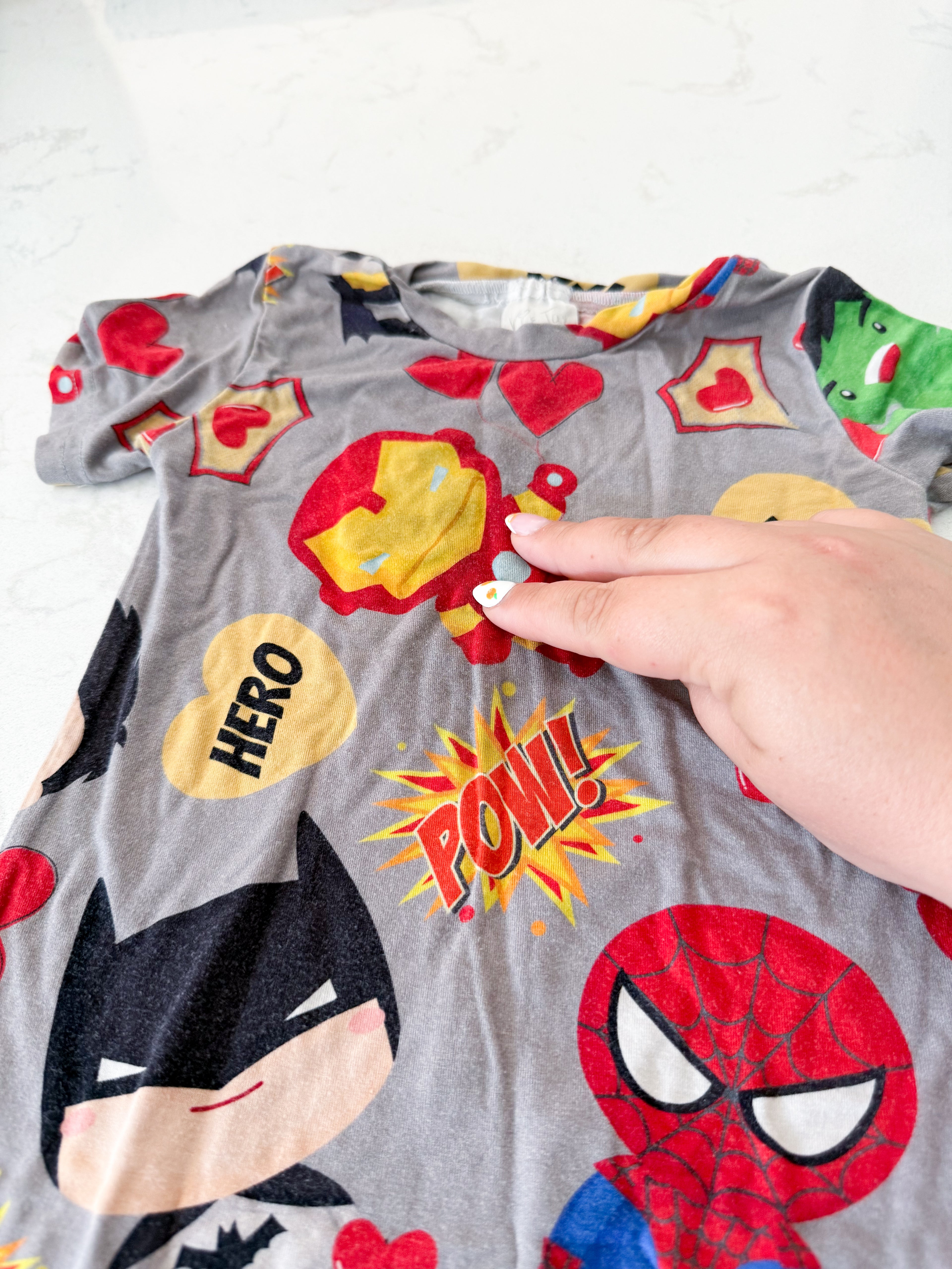Vi and Jax- 6-12m- PLAY- grey bamboo short sleeve romper with superheroes