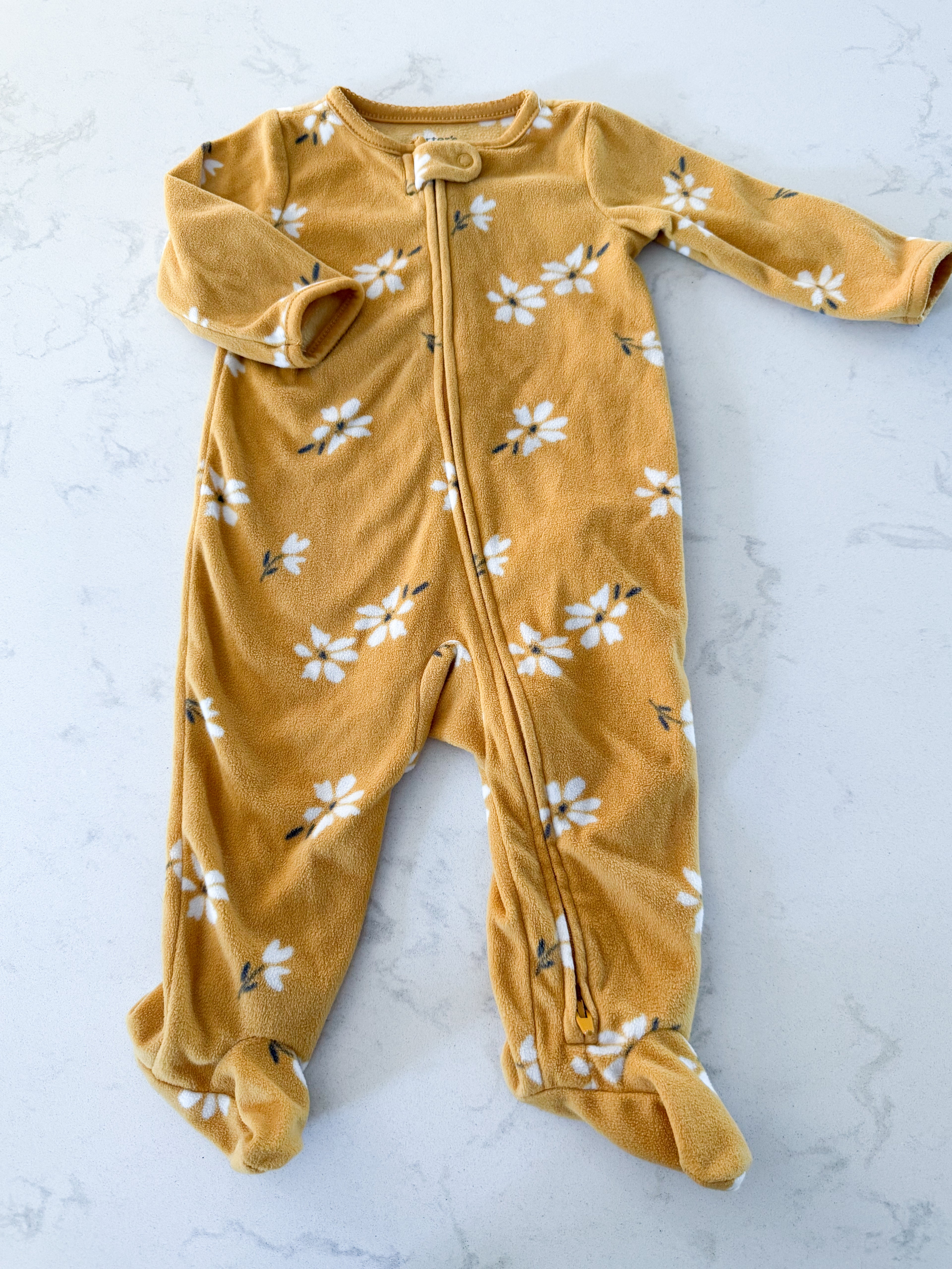 Carter’s-3-6m- VGUC- yellow fleece zip up with floral pattern jammies