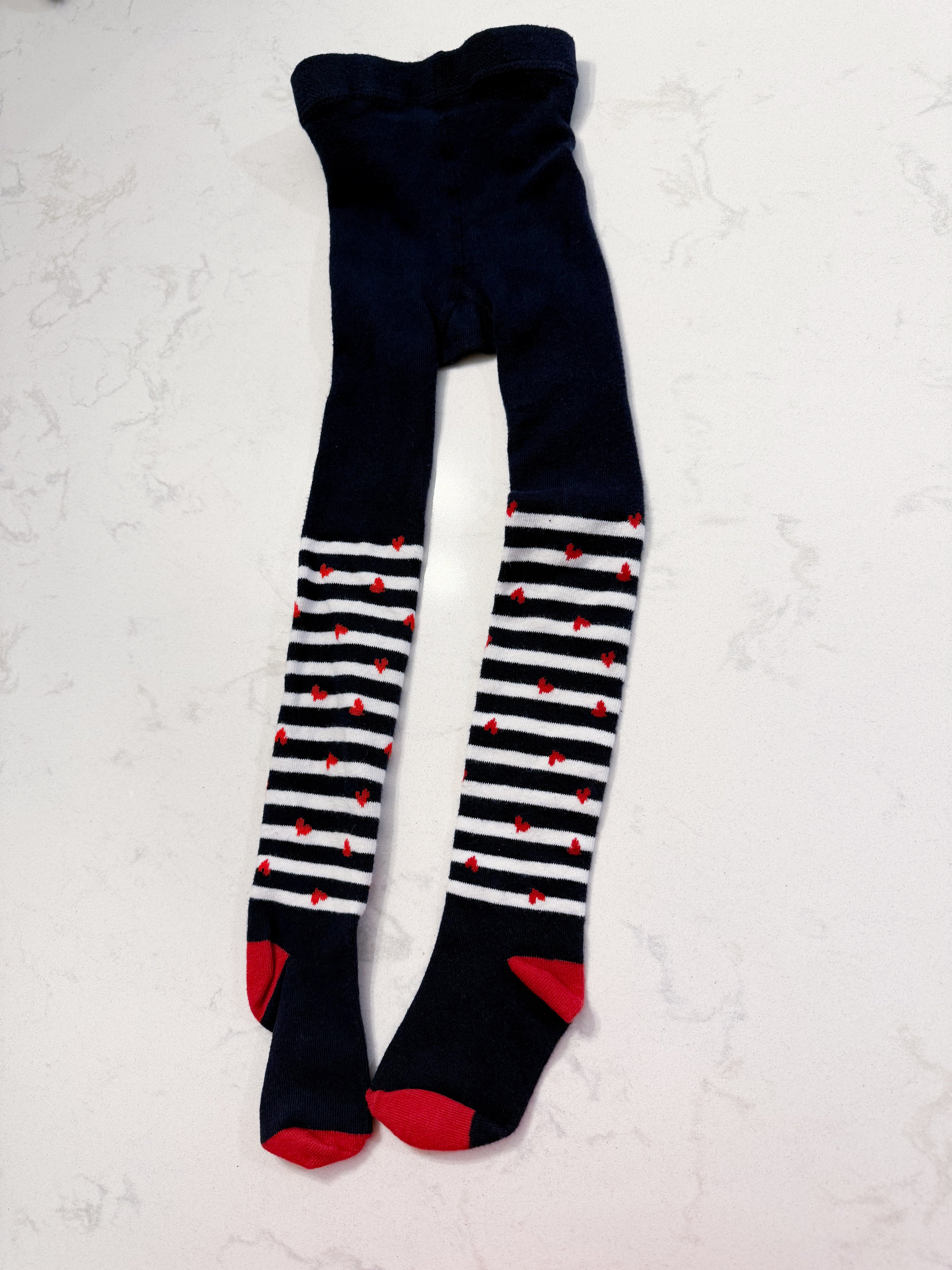 No brand- 2-3Y? (Size is an estimate)- GUC- navy blue with white stripes and red hearts stockings