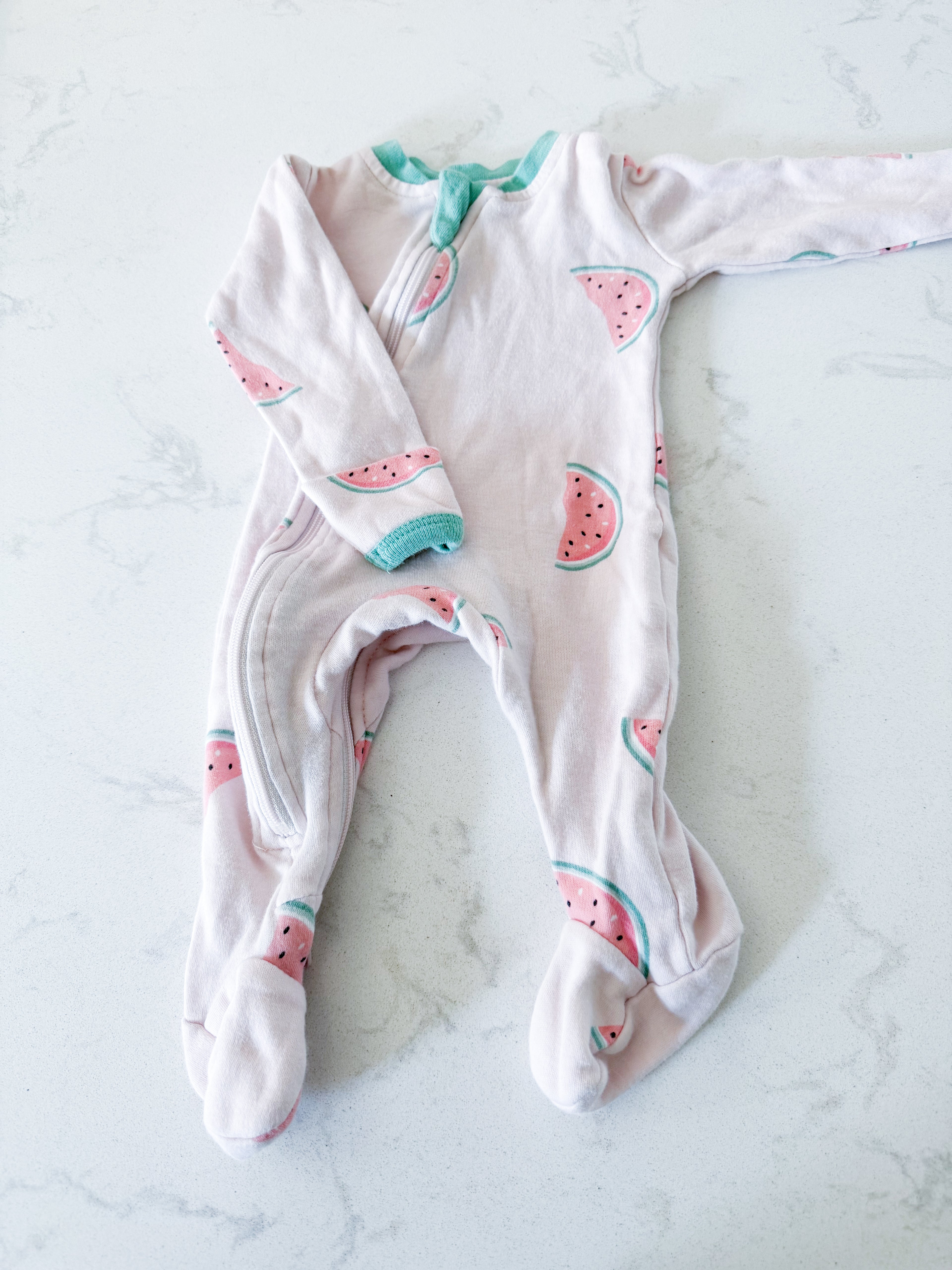Zippy Jamz- newborn- GUC- light pink zip up jammies with watermelon pattern