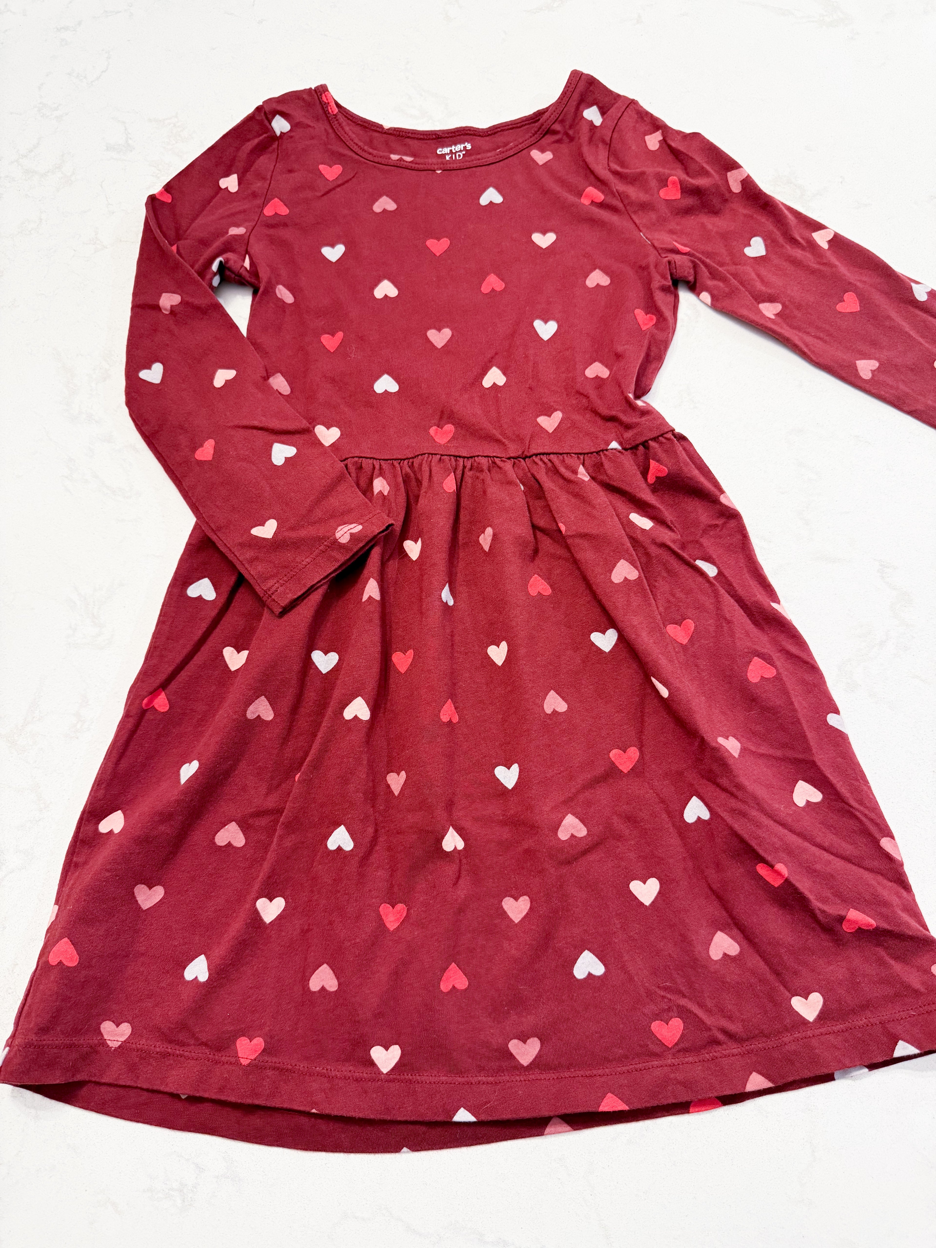 Carters- 6Y- GUC- burgundy long sleeve dress with hearts