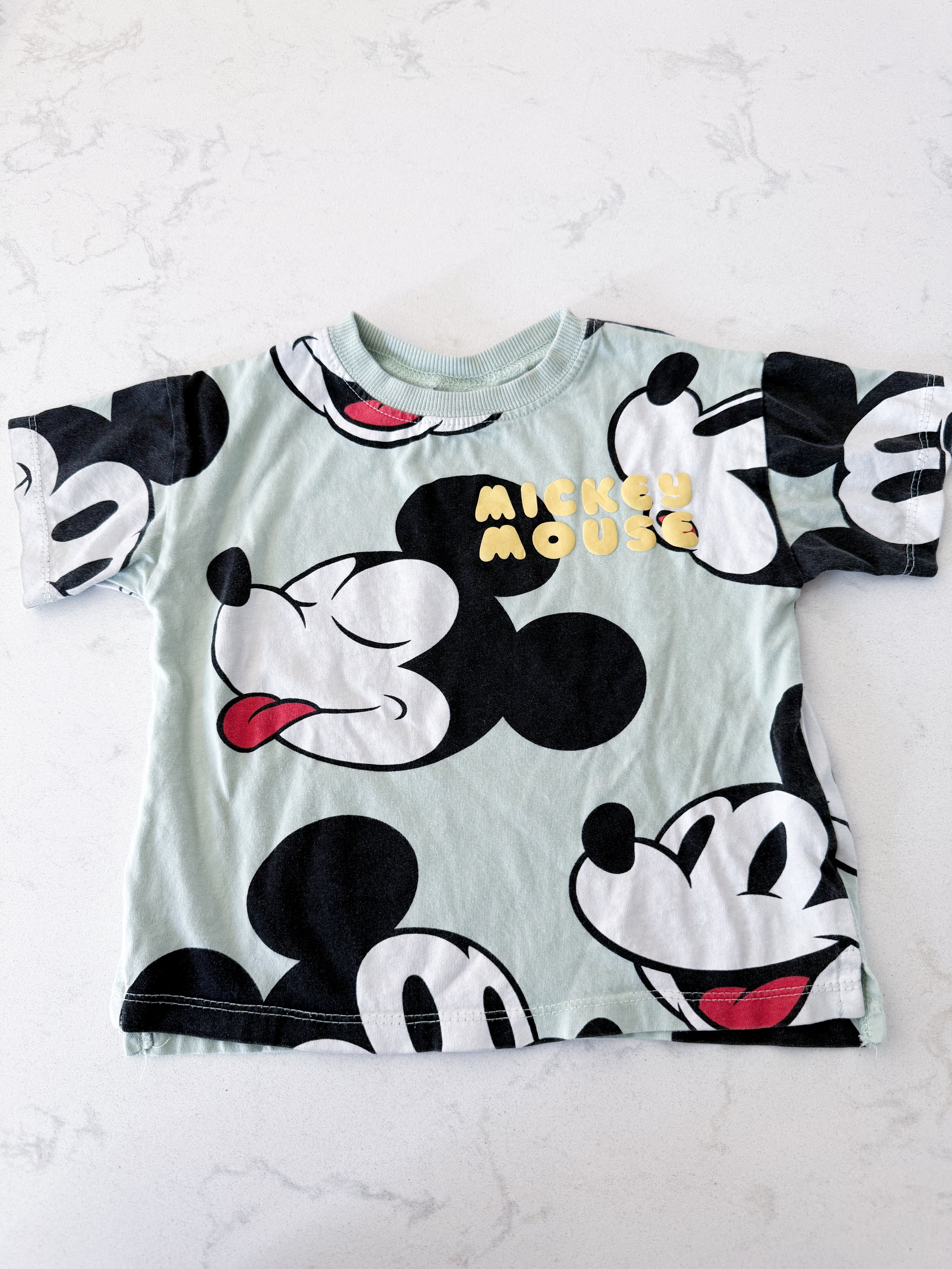 Zara- 12-18m- VGUC- mint green t shirt with Mickey Mouse graphics