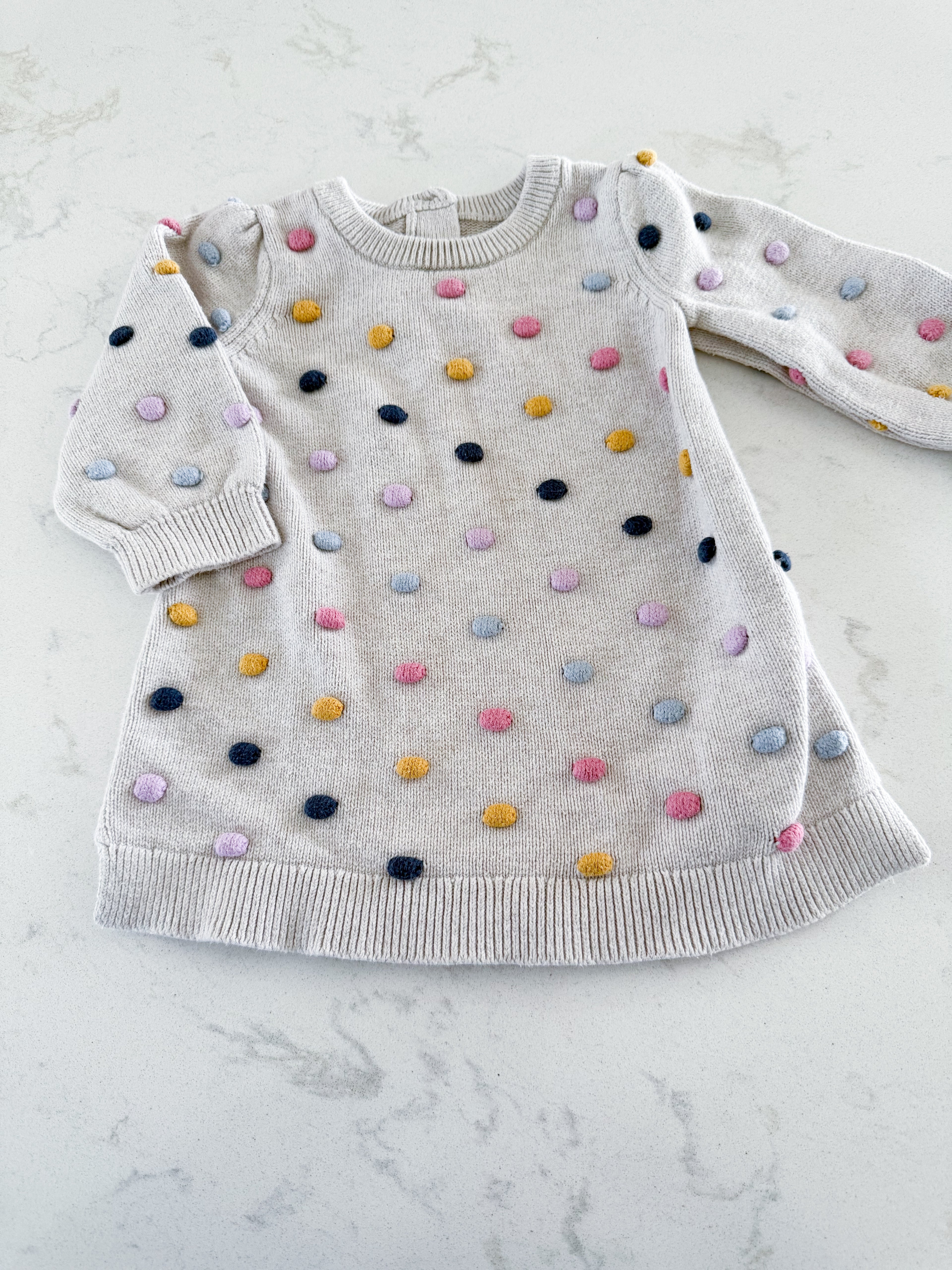 Gap- 6-12m- GUC- cream coloured knit sweater dress with rainbow raised dots