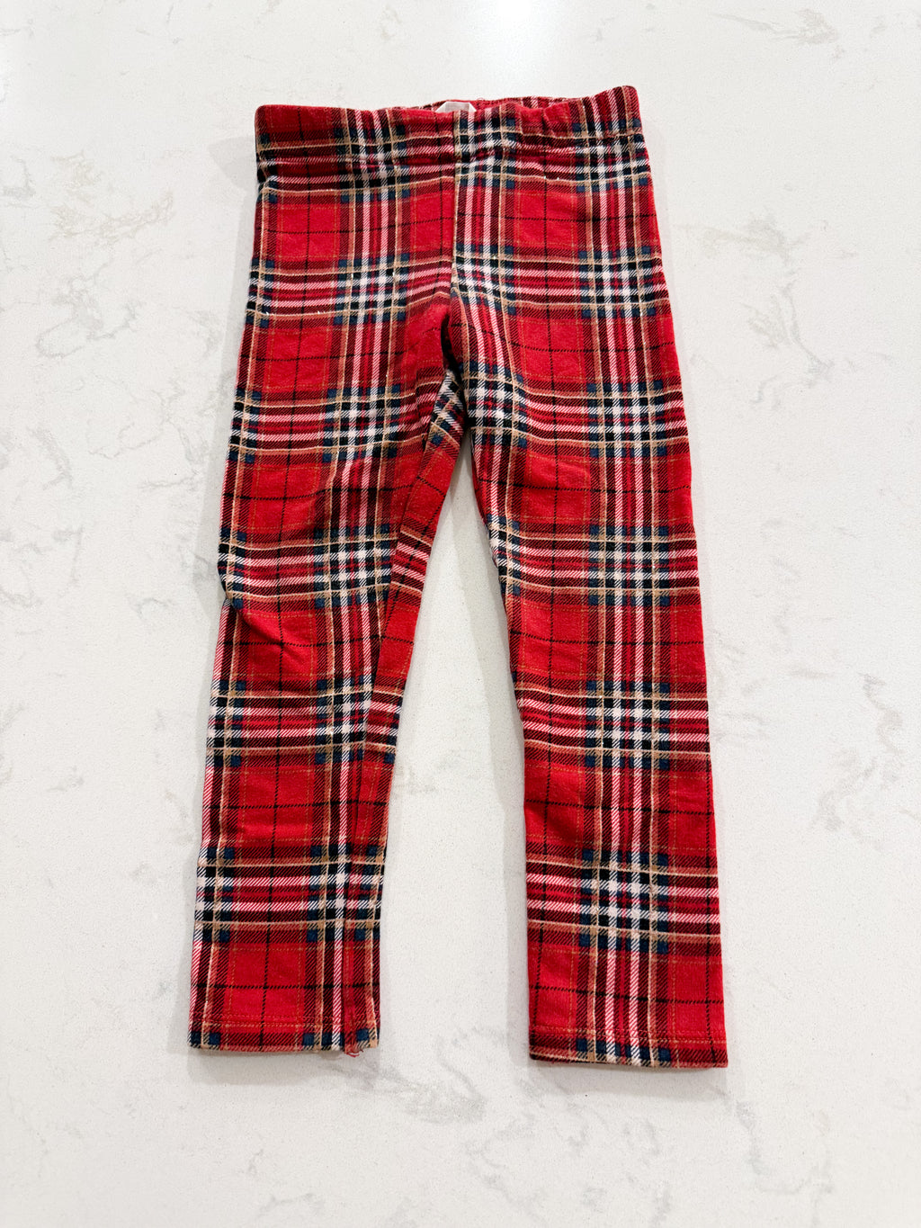 H&M- 3T- GUC- red plaid fleece lined leggings