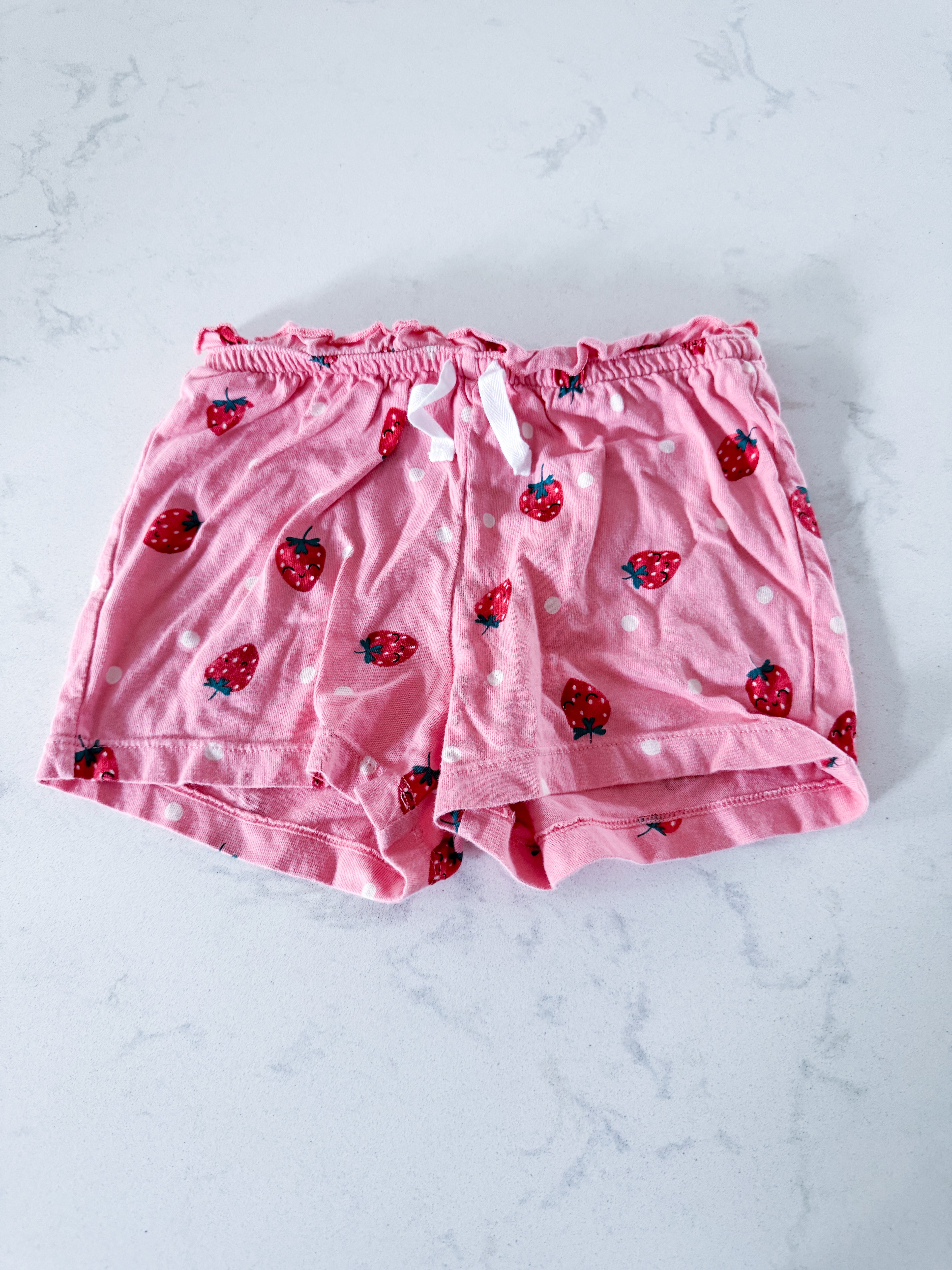 H&M- 12-18m- GUC- pink cloth shorts with strawberries
