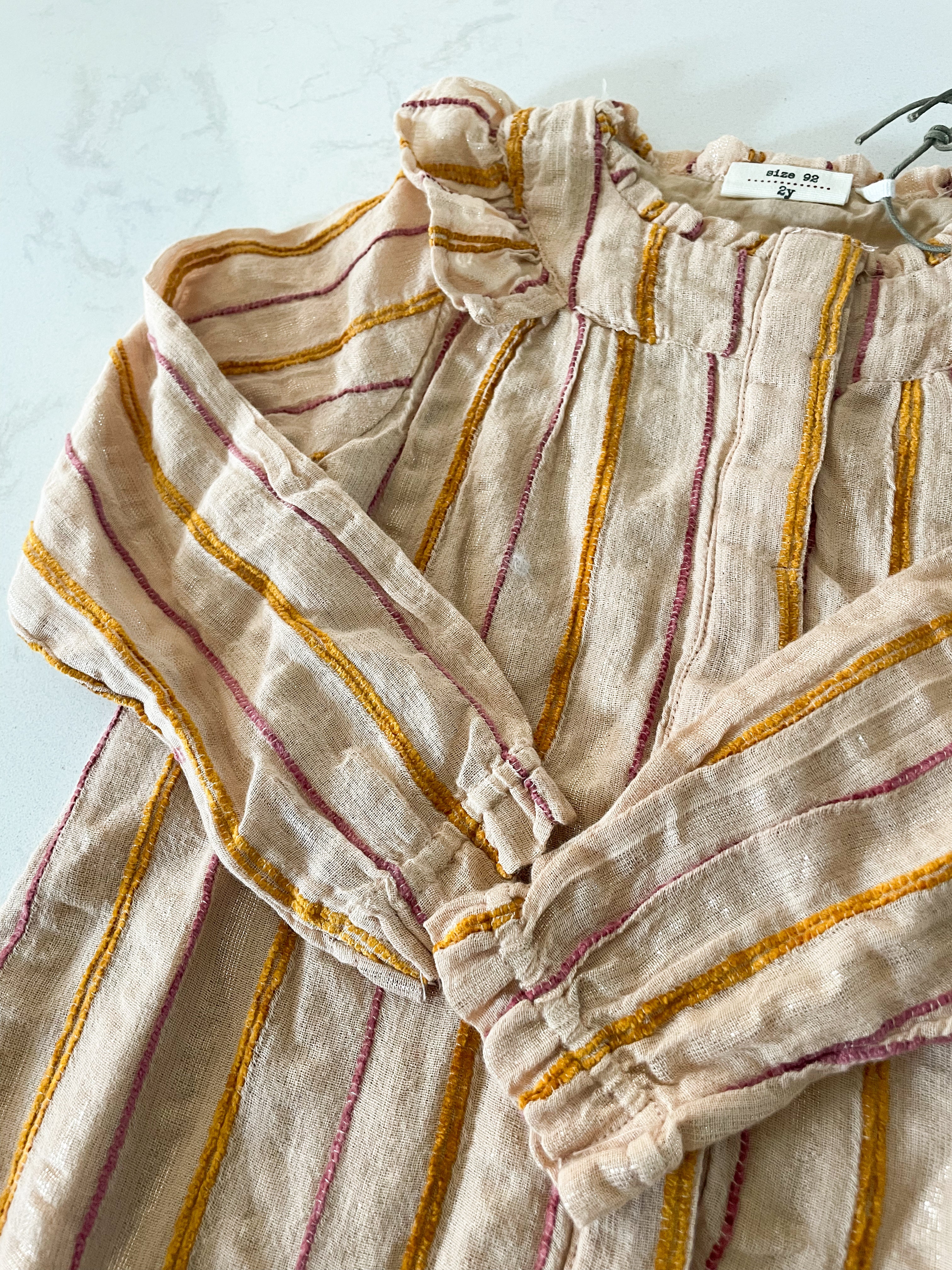 EN.FANT- 2Y- BNWT- beige dress shirt with red yellow and gold vertical thread stripes