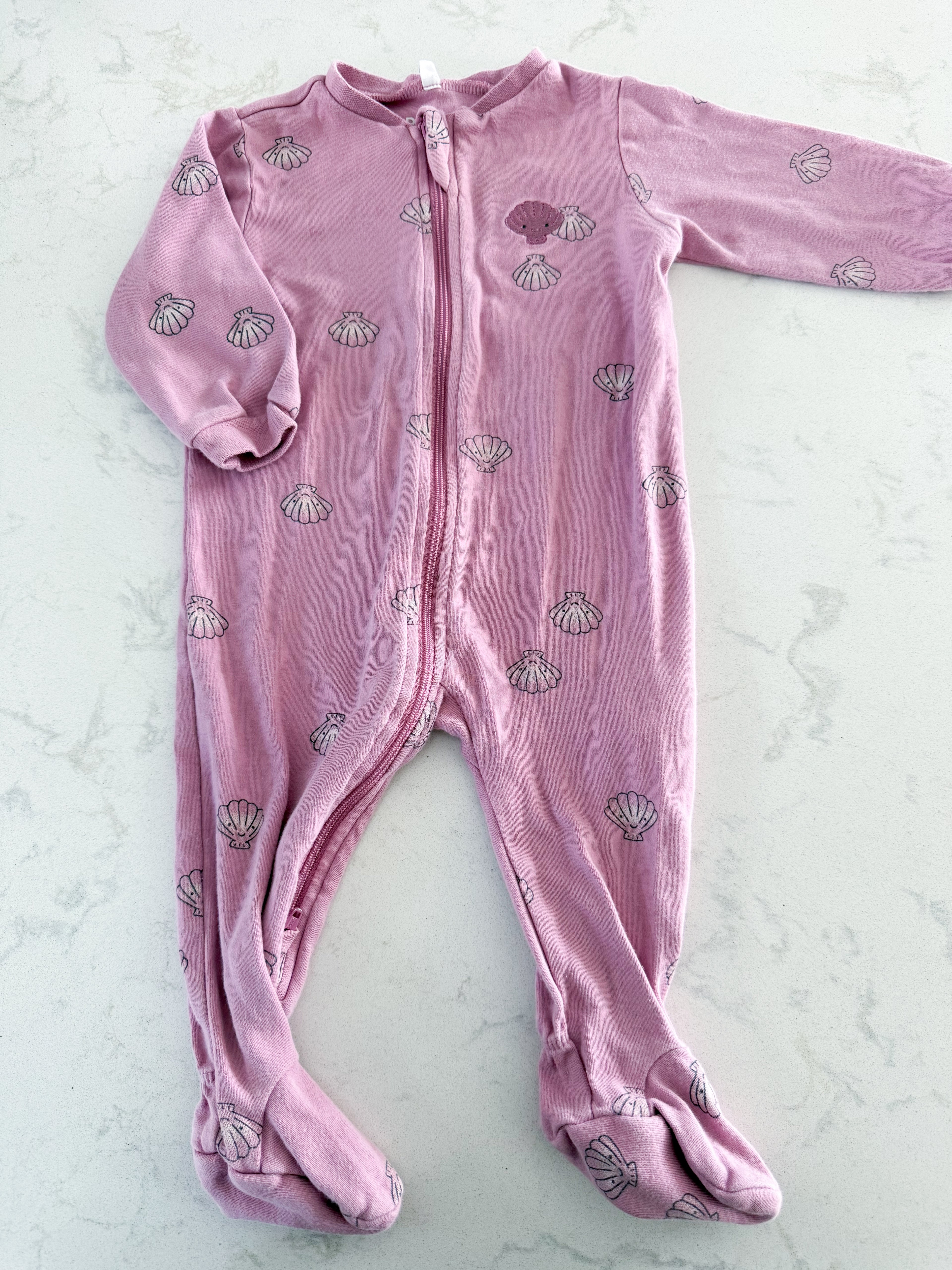 Pekkle- 6m- GUC- purple seashell footie jammies with embroidery