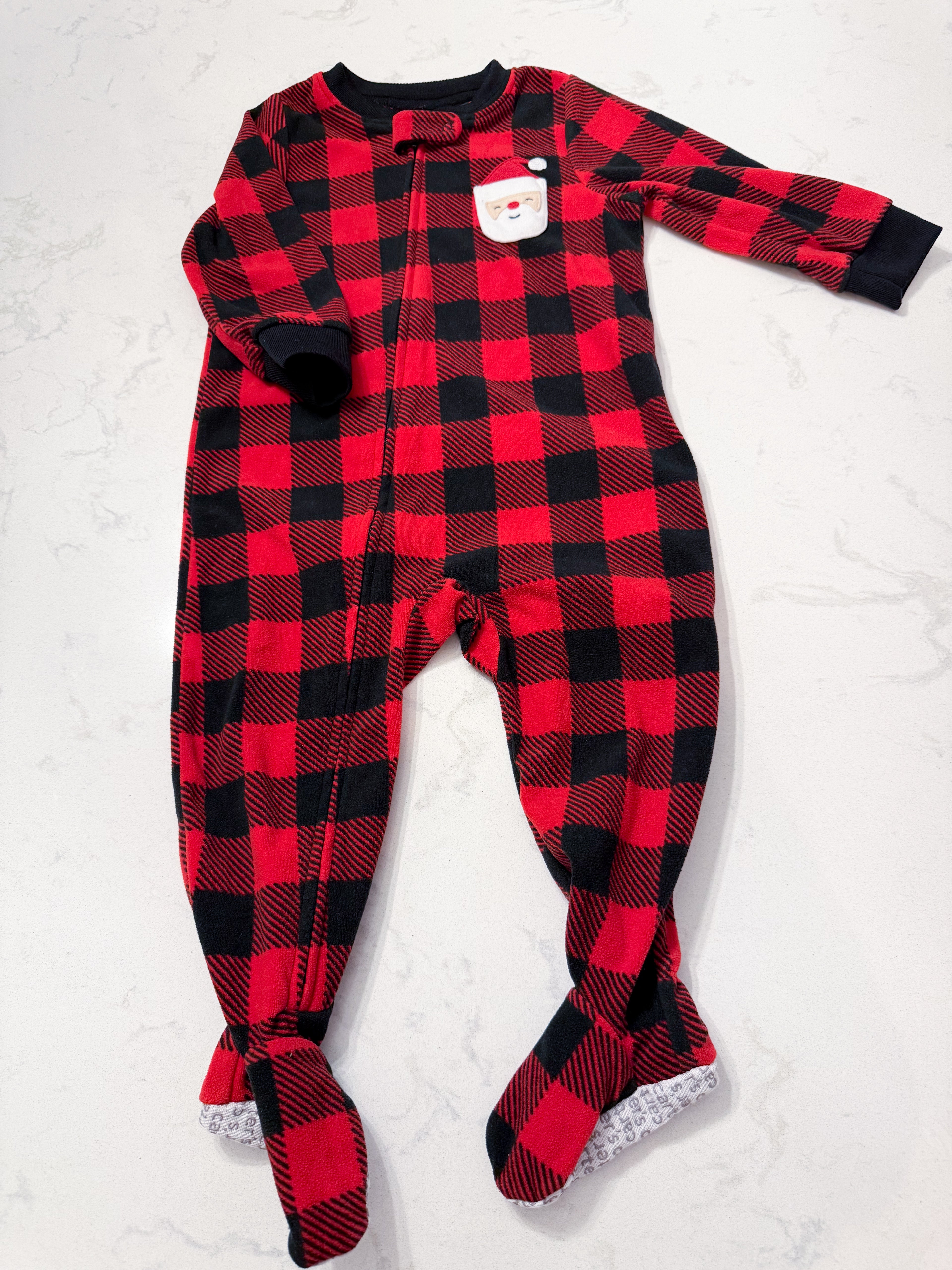 Carter’s- 18m- VGUC- black and red checkered fuzzy footie pajamas with Santa