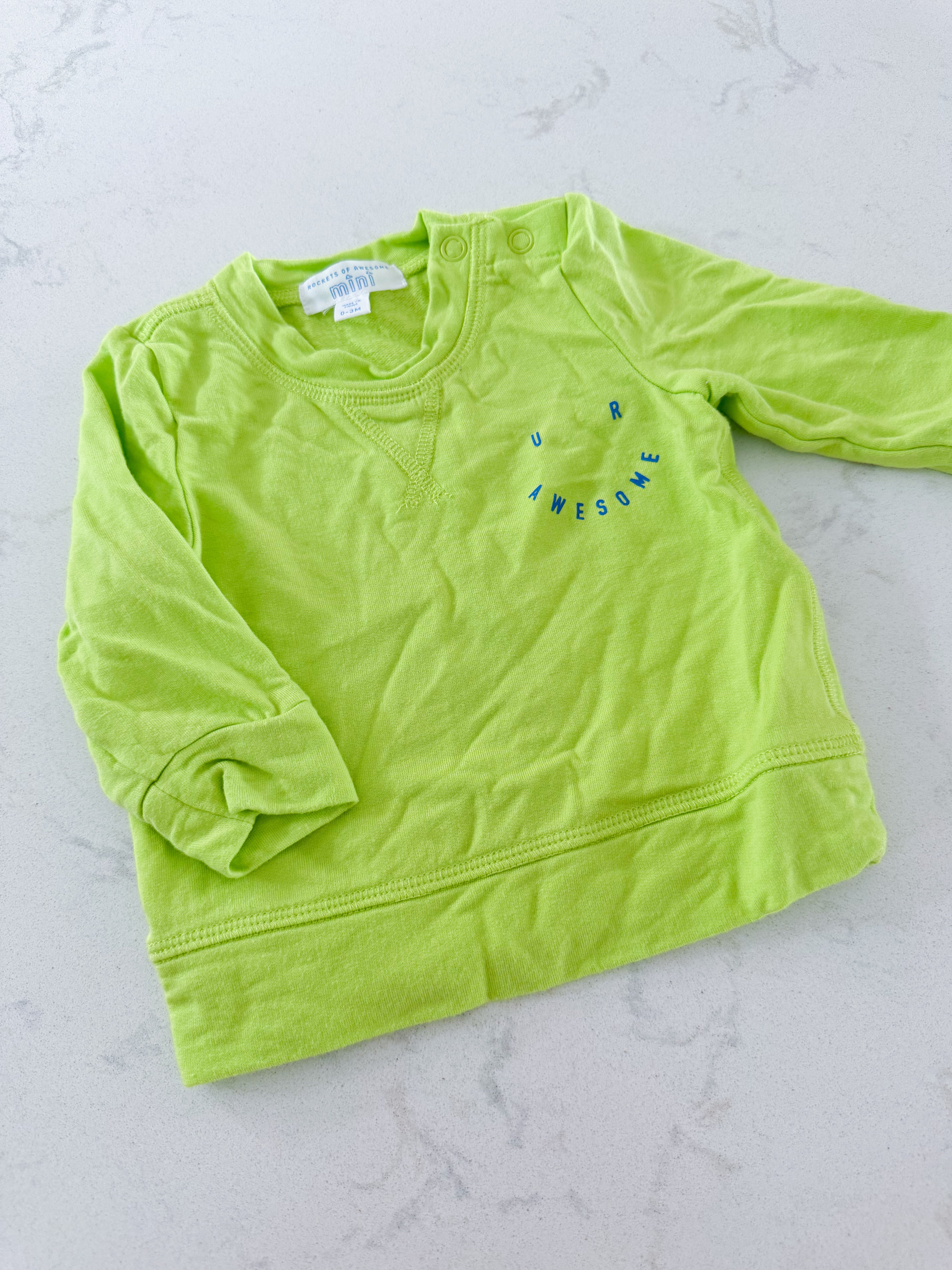 Rockets of Awesome Mini- 0-3m- VGUC- neon green bamboo like long sleeve shirt with “u r awesome”