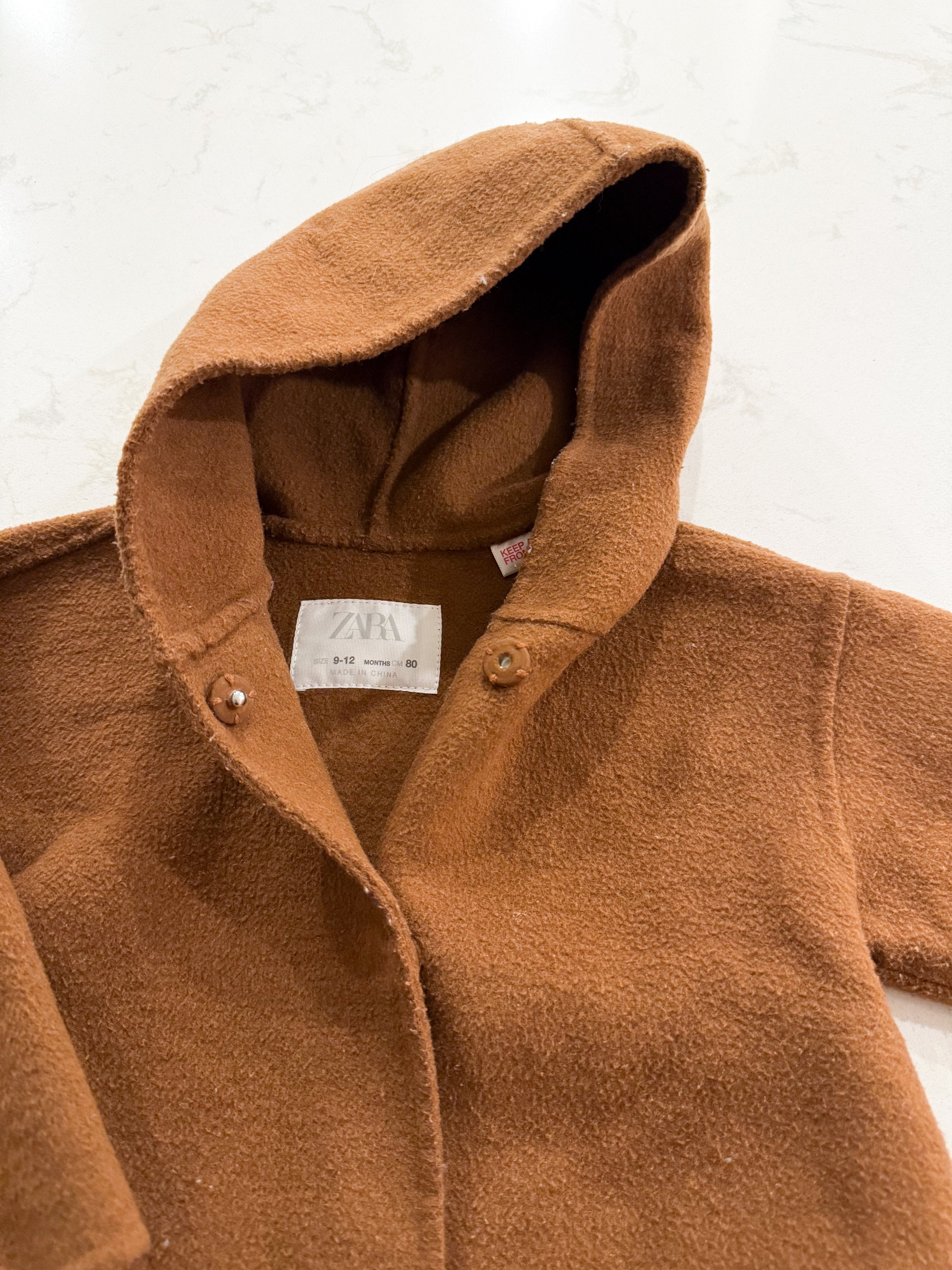 Zara- 9-12m- PLAY- brown button up hooded peacoat