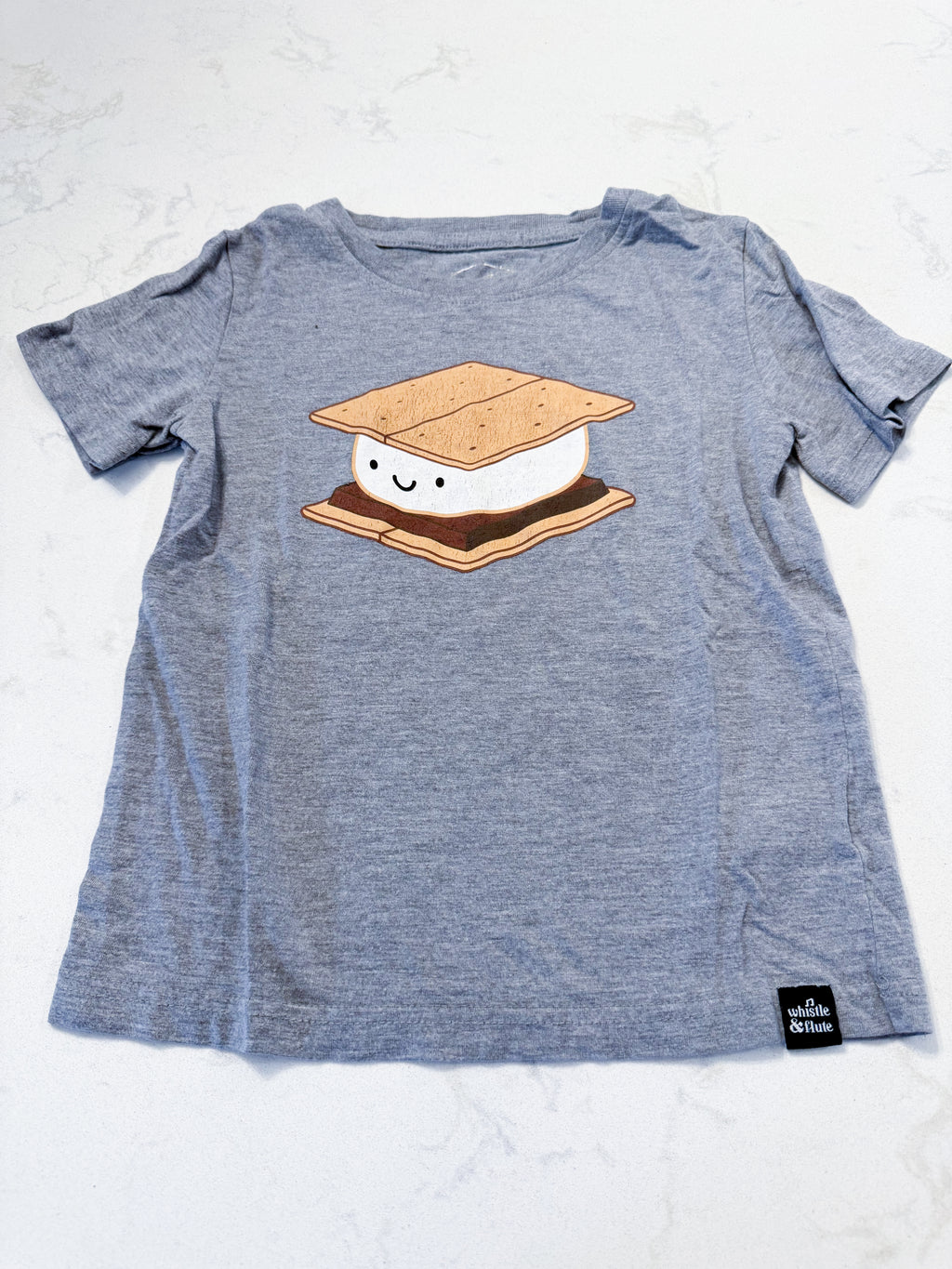 Whistle and Flute- fits 5T- GUC- grey t shirt with s’mores graphic