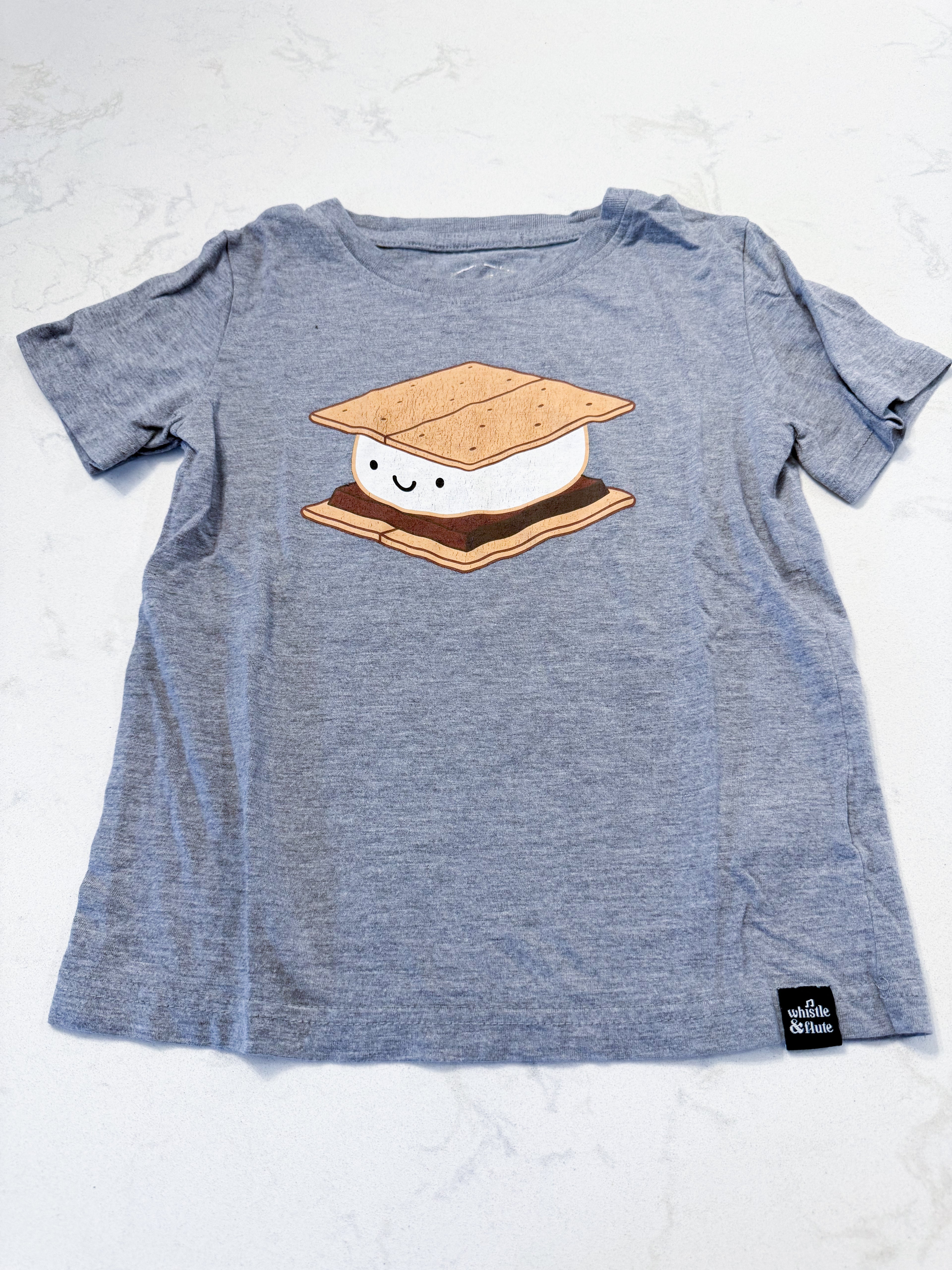 Whistle and Flute- fits 5T- GUC- grey t shirt with s’mores graphic
