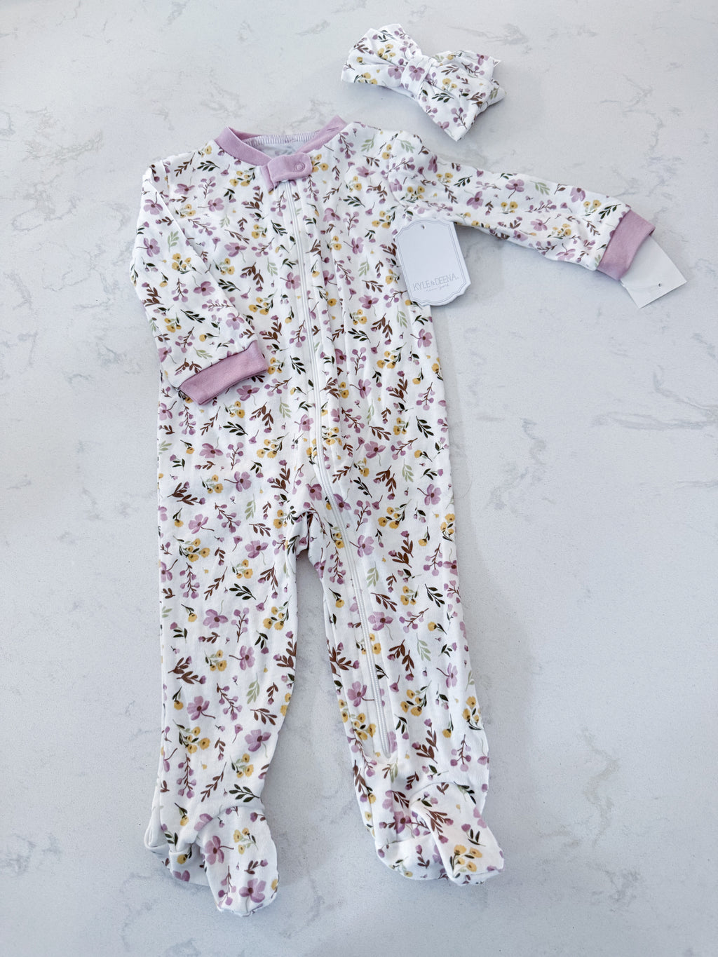Kyle and Deena- 6-9m- BNWT- white footie pajamas with purple florals and matching headband