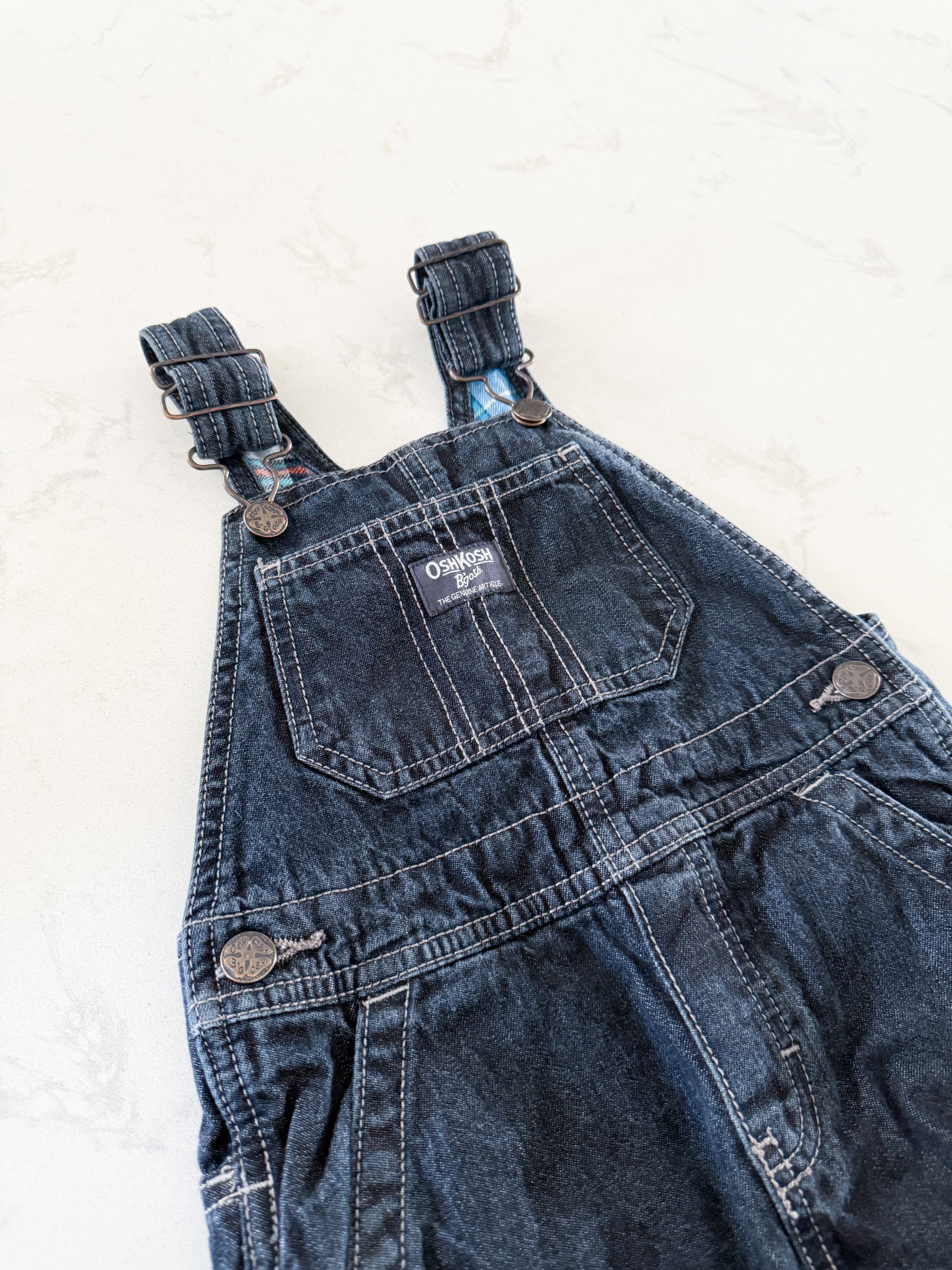 Oshkosh- 3T- GUC- jean overalls with flannel lining