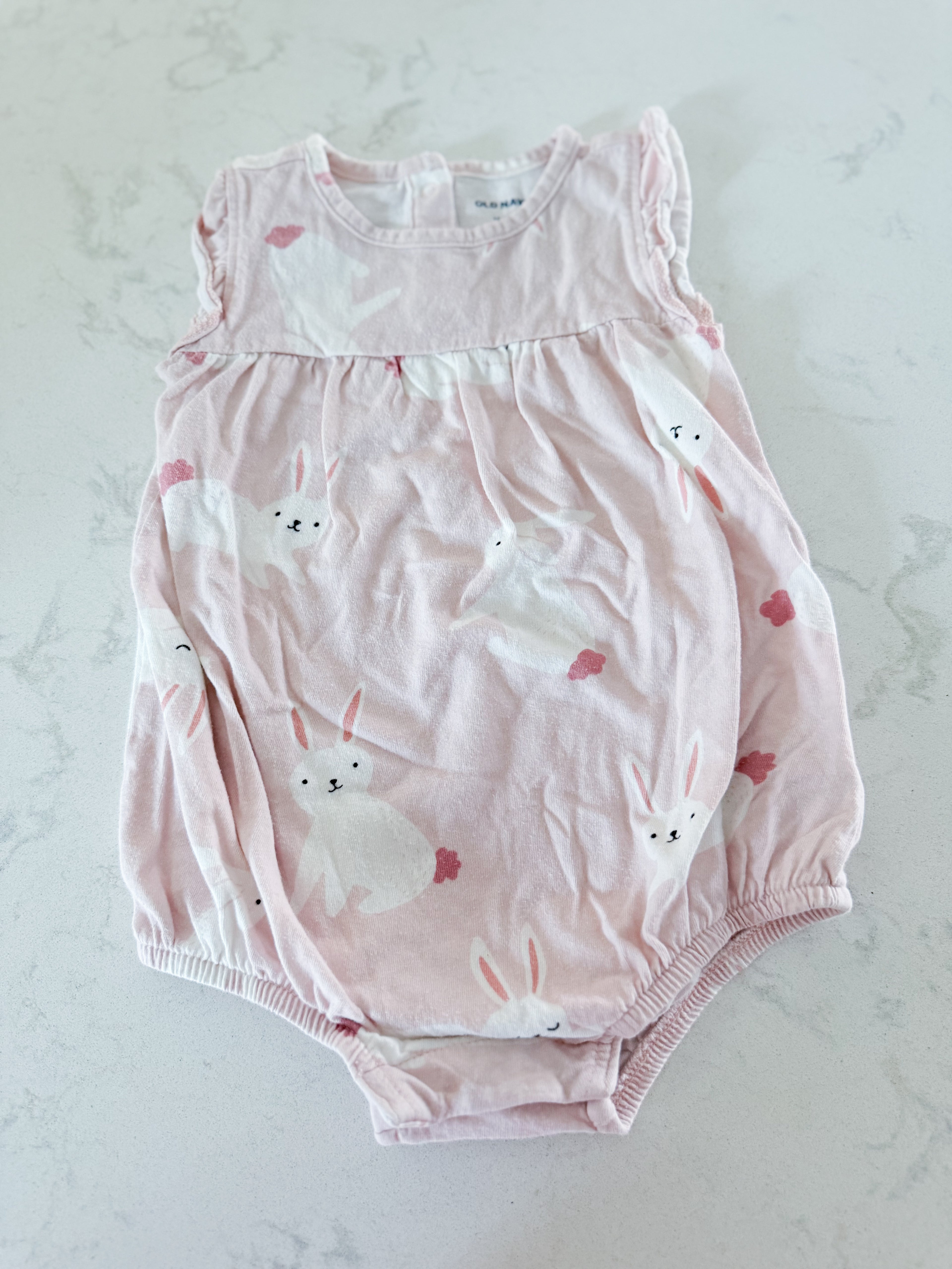 Old Navy- 12-18m- GUC- pink bubble bodysuit with bunnies on front