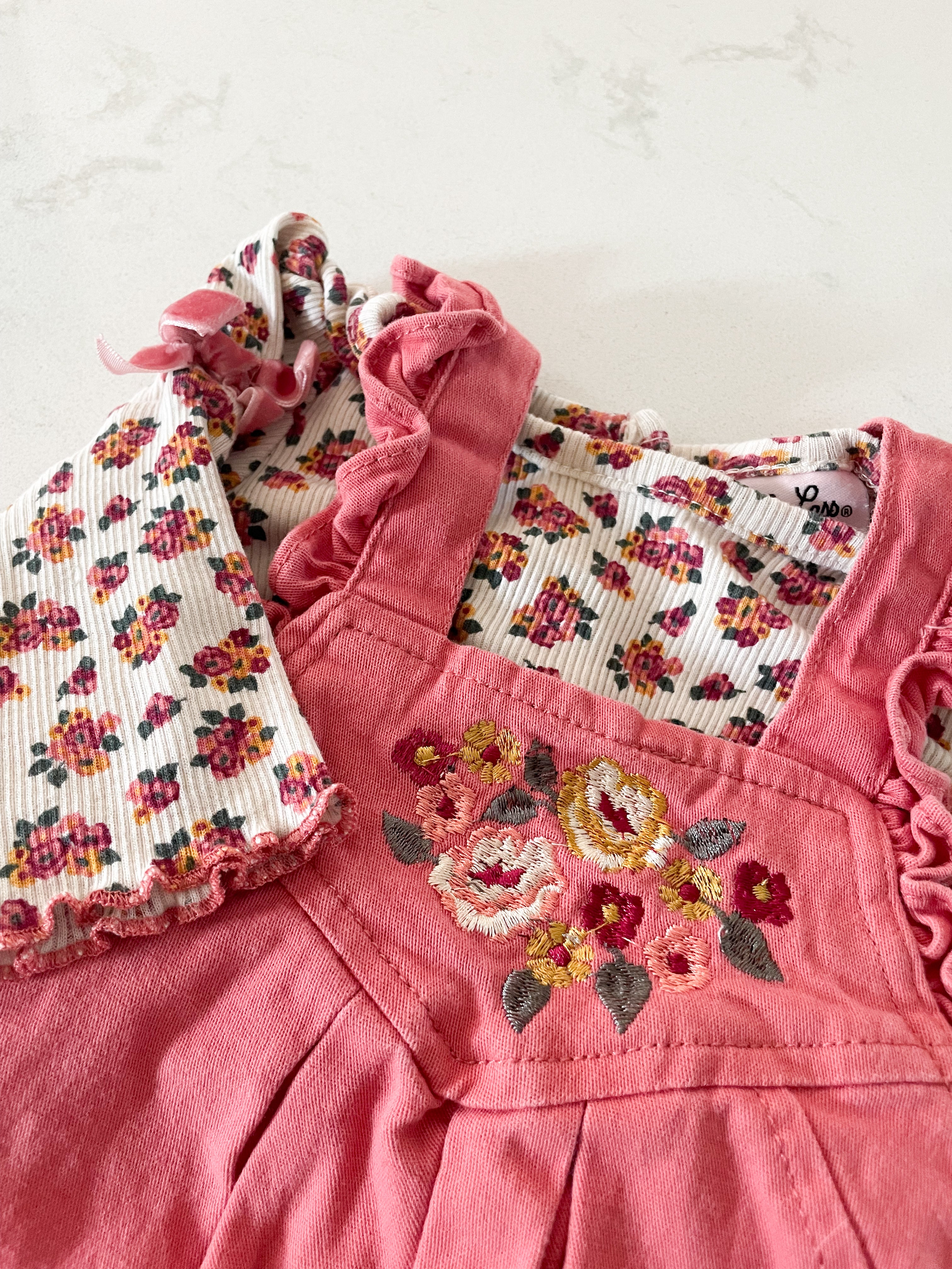 Little Lass Baby-0-3m-PLAY- floral ribbed bodysuit and pink romper embroidered