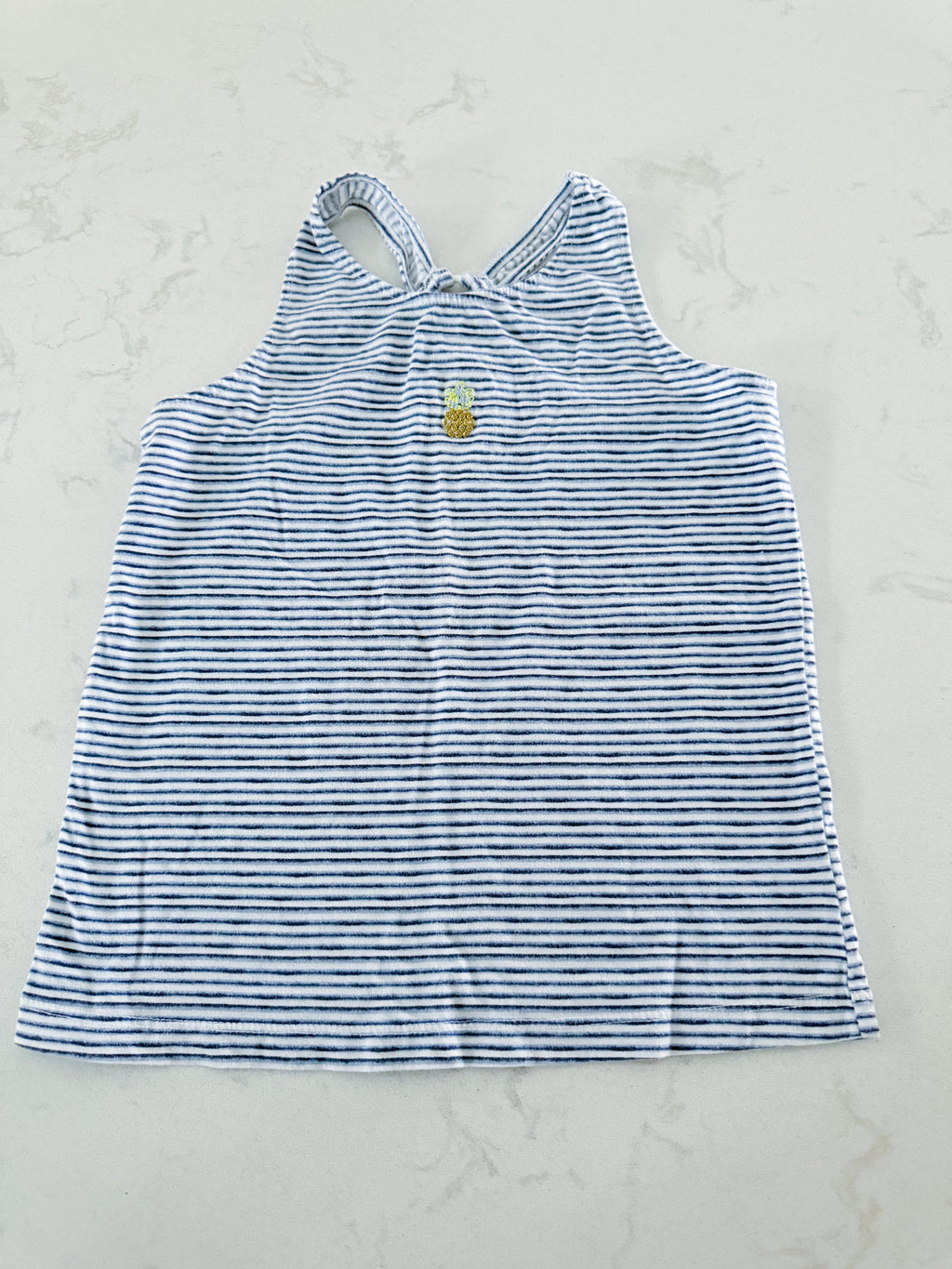 Carters- 10Y- VGUC- blue and white striped tank romper with embroidered pineapple