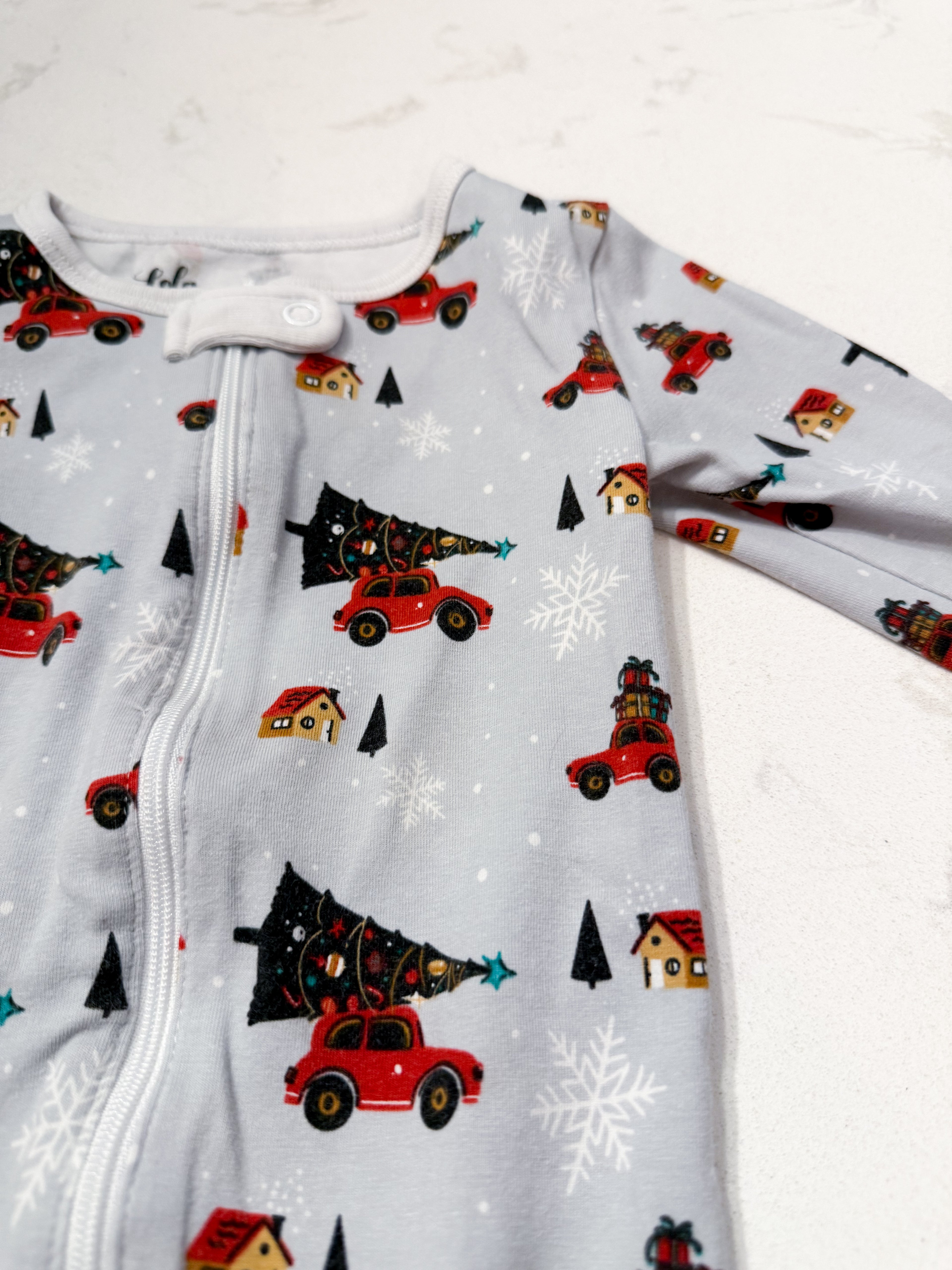 Lola and Taylor- 18-24m- PLAY- light grey zip up jammies with cars and Christmas trees