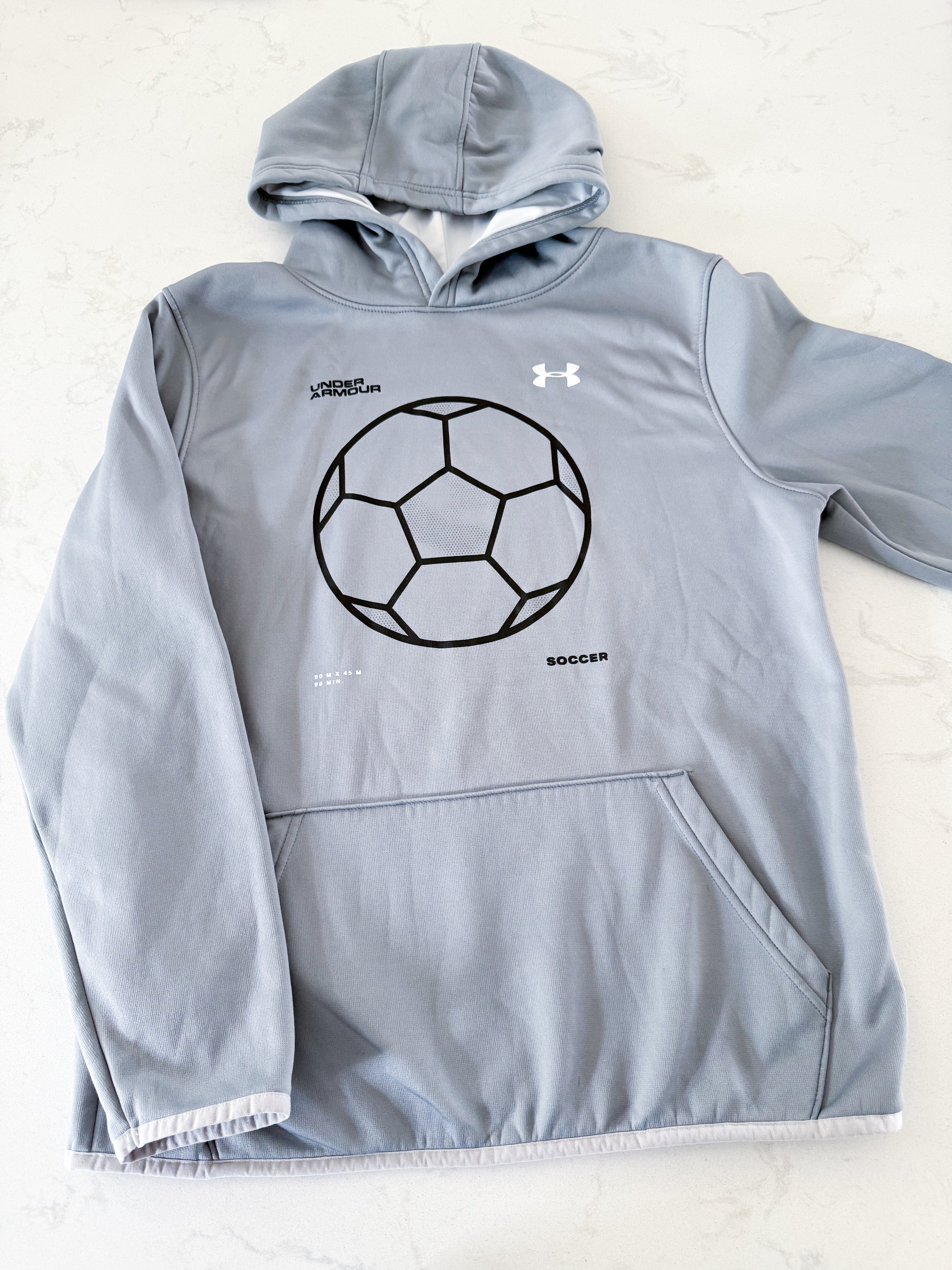 Under Armour- YXL(18Y)- PLAY- silver athletic hoodie with soccer ball