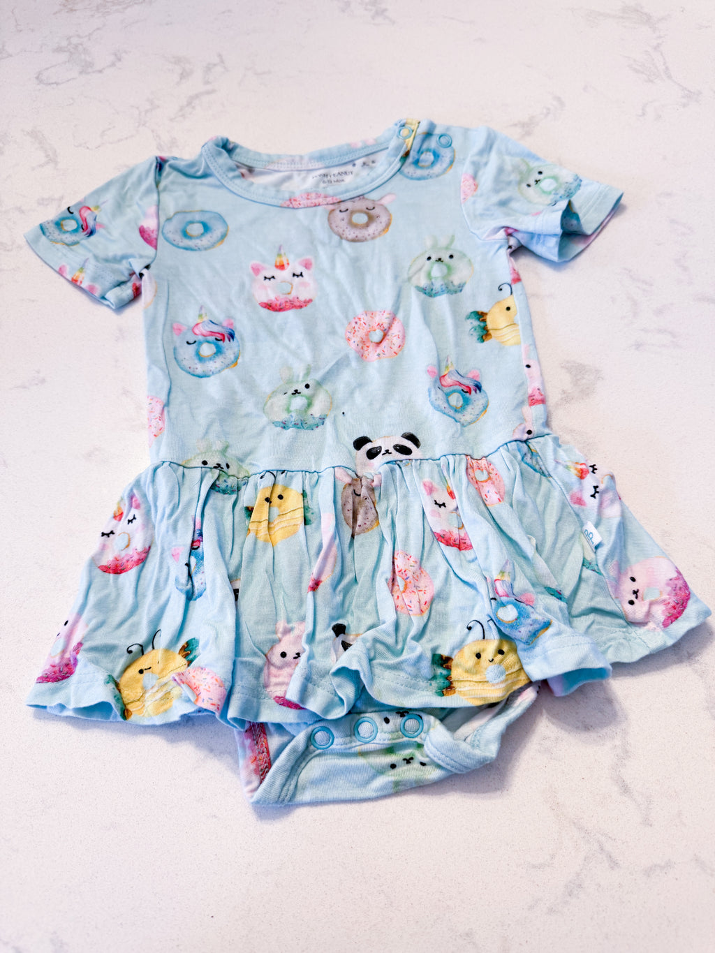 Posh Peanut- 6-12m- PLAY- ice blue short sleeve twirl bodysuit with donut pattern