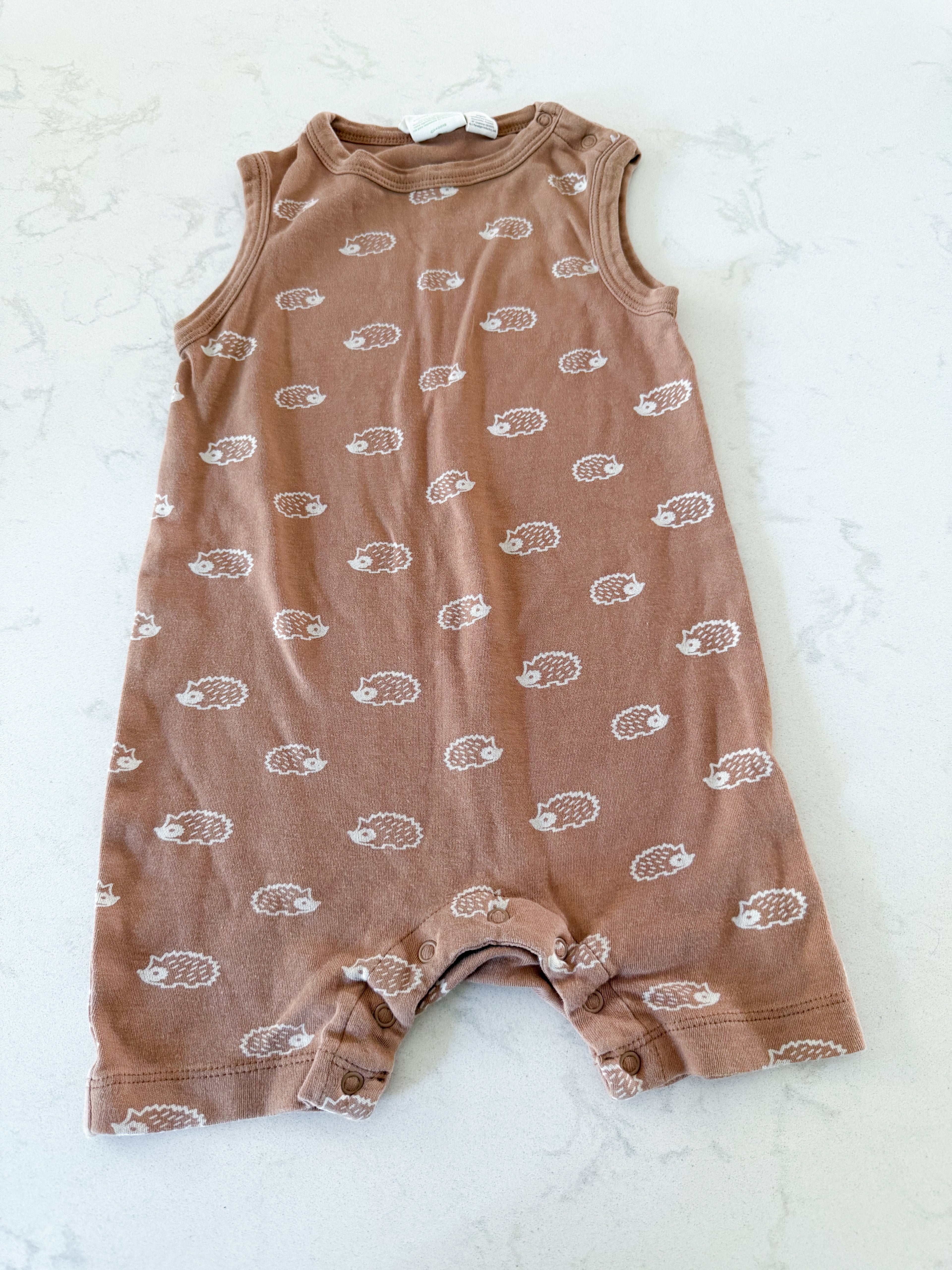 Parade Organics- 2T- GUC- brown tank romper with hedgehog graphics