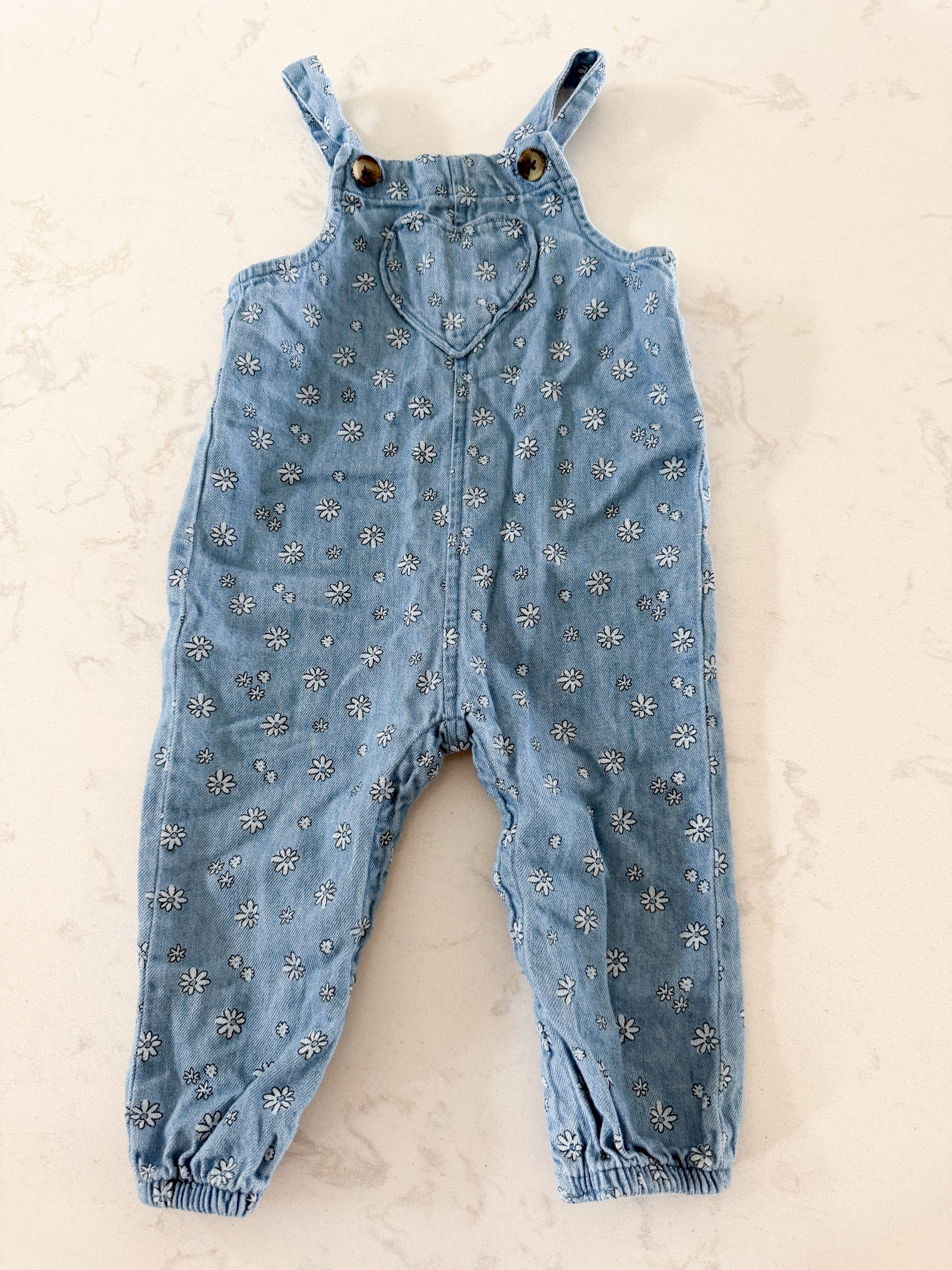 Old Navy- 12-18m- VGUC- thin Jean tank romper with floral pattern