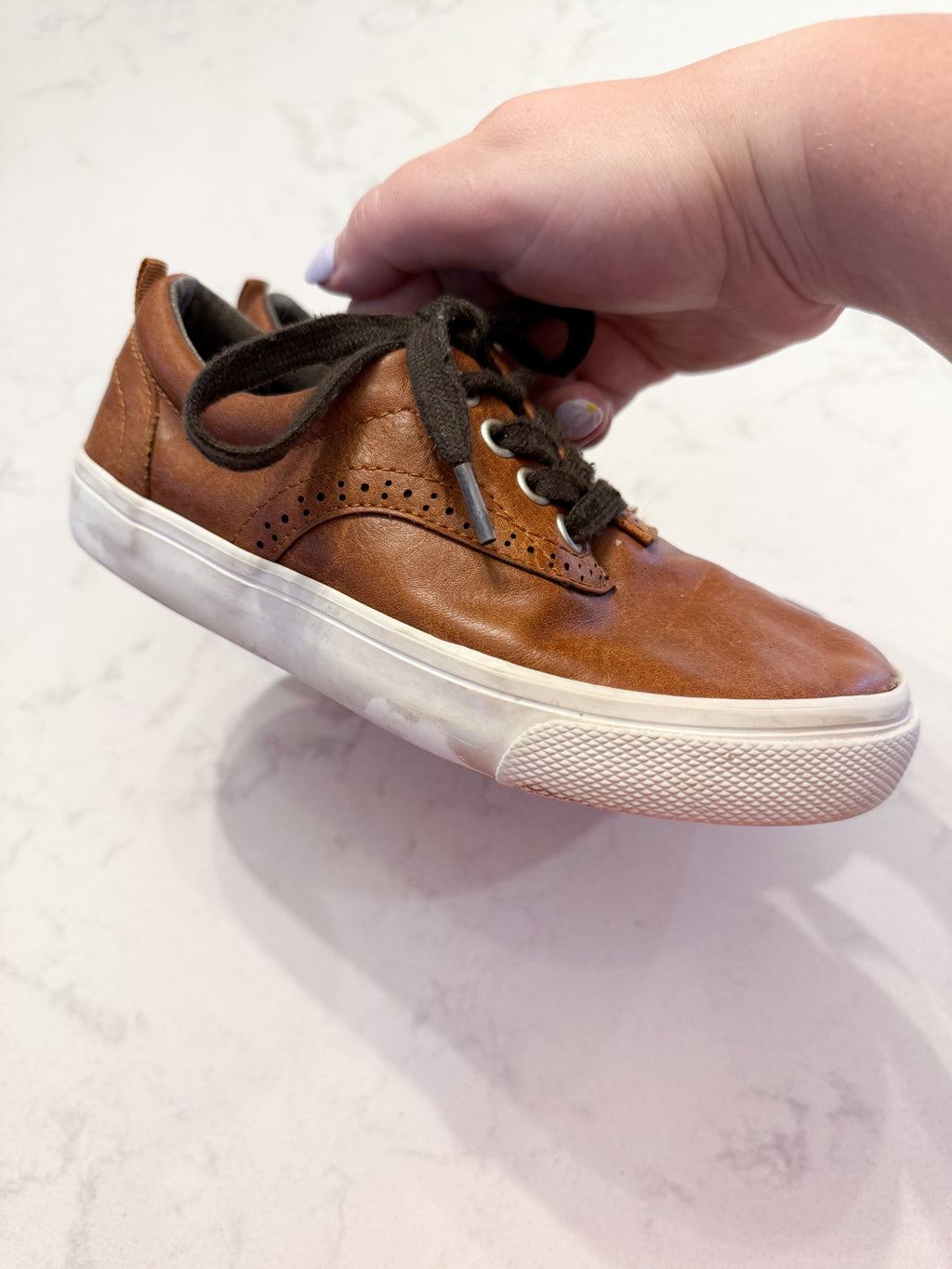 Old Navy- 12C- PLAY- medium brown leather like shoes with dark brown laces