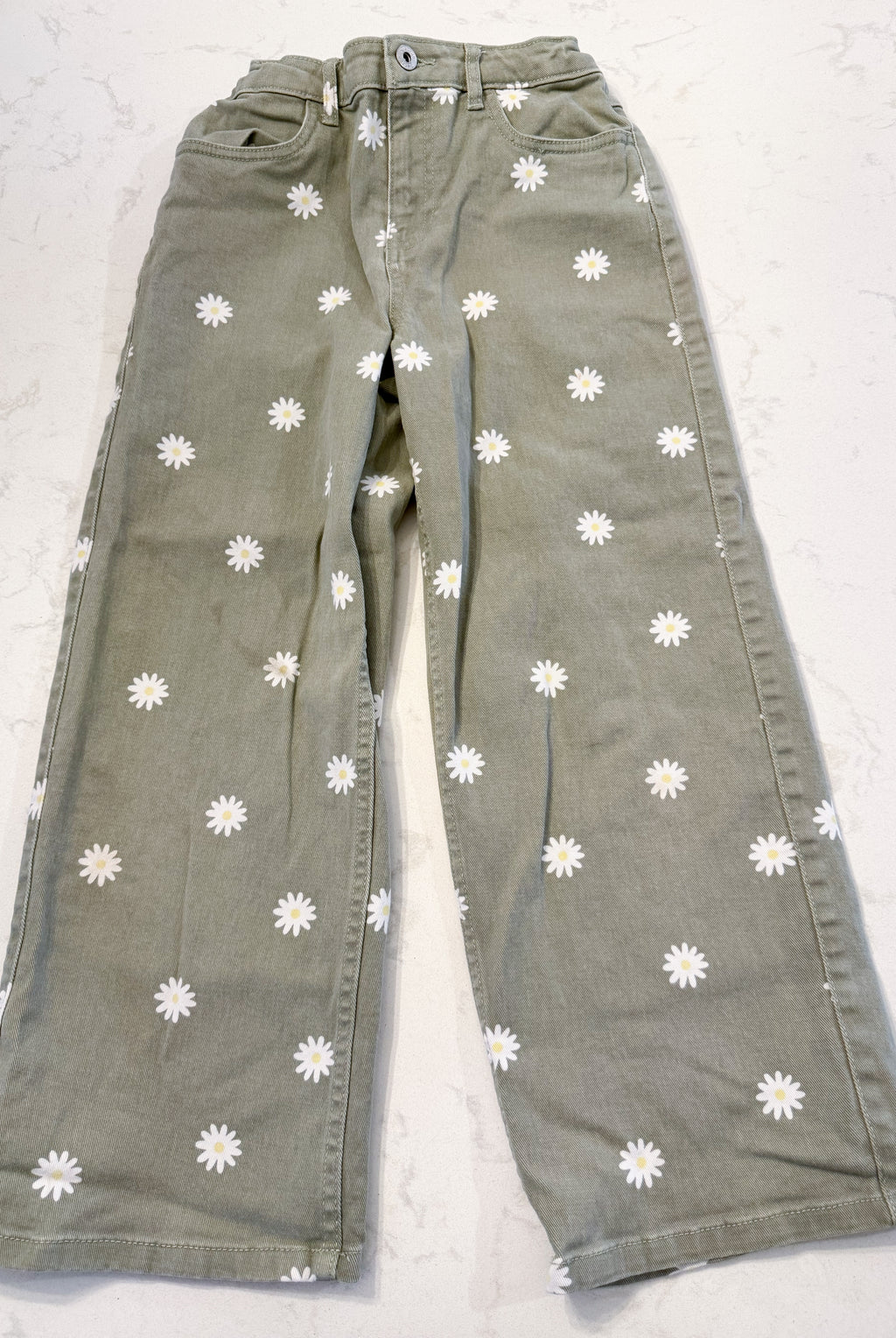 George- 14Y- PLAY- sage green jeans with adjustable waist and daisies