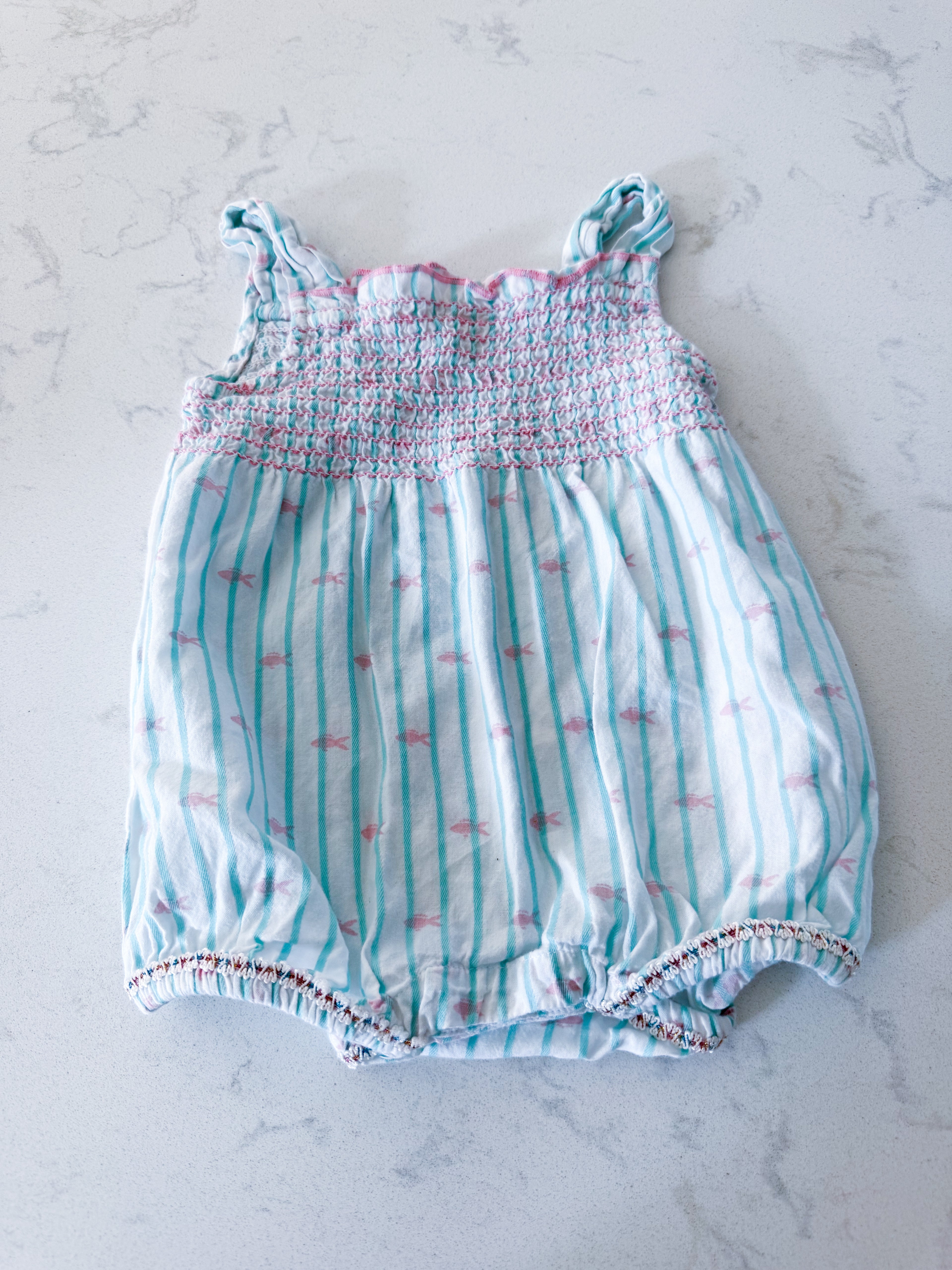 Hatley- 9-12m- VGUC- thin light pink and blue striped tank romper with tiny fish