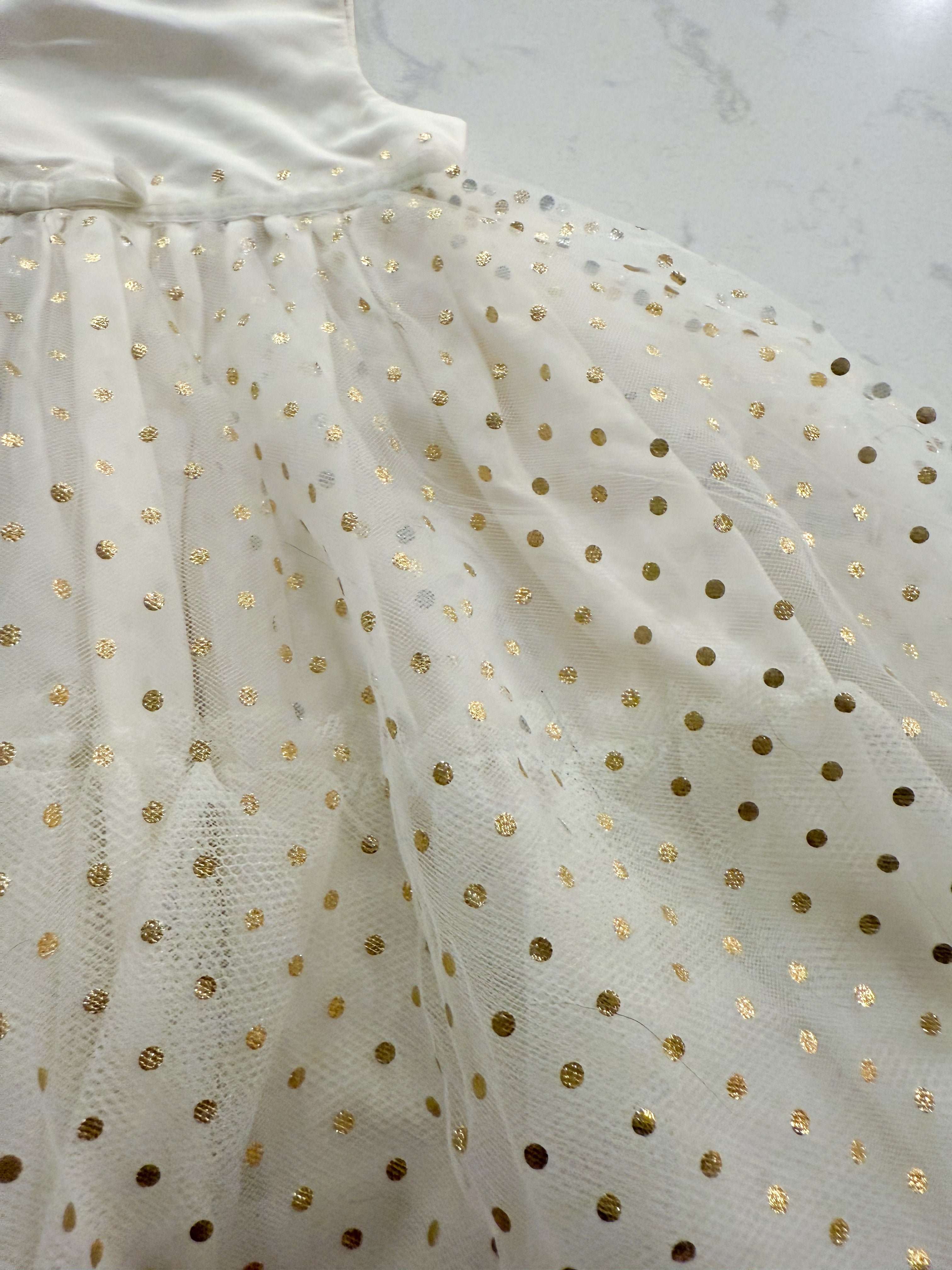 Carter’s- 12m- GUC- cream coloured tulle gold polka dot sparkle dress