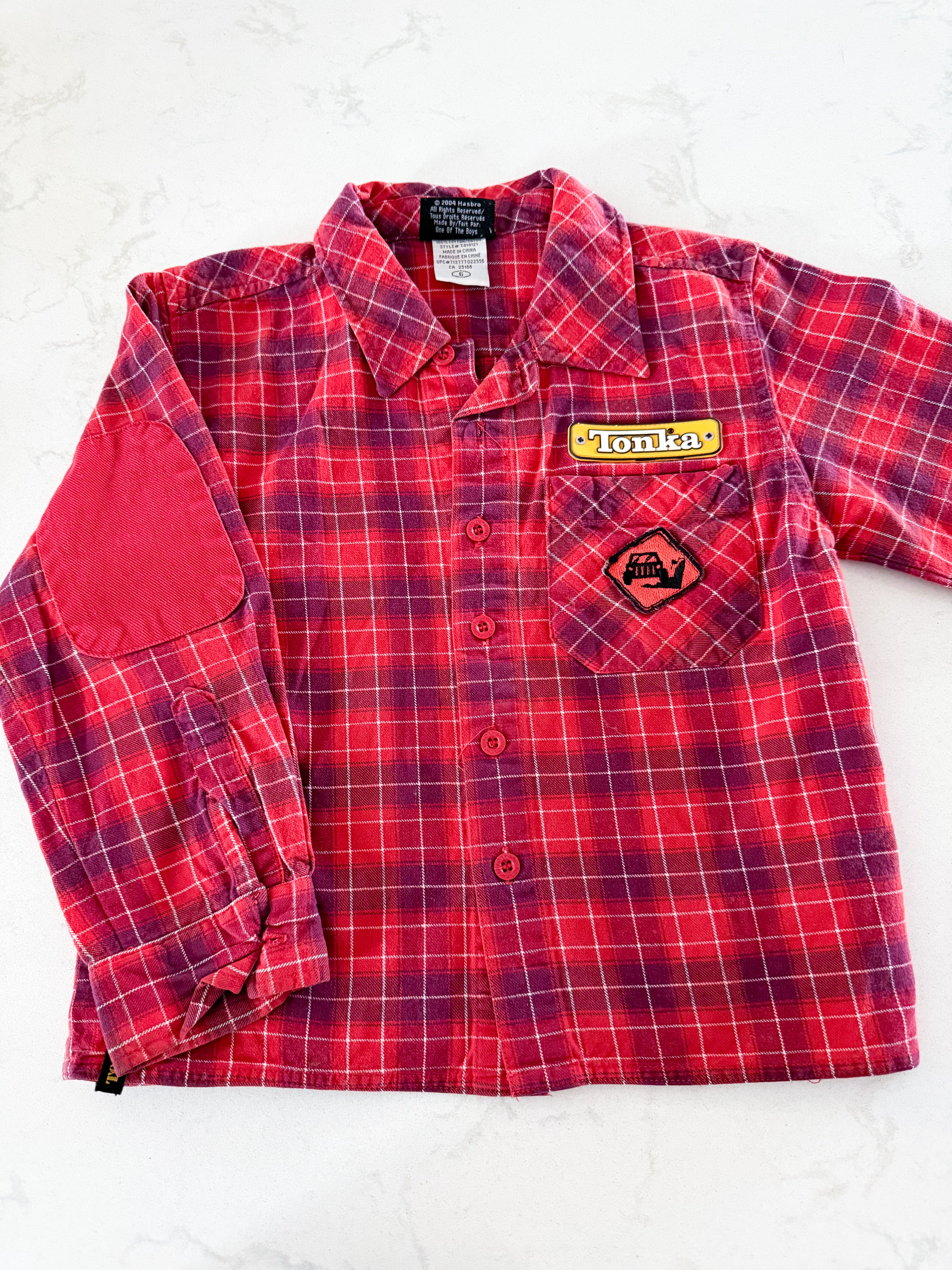 Tonka (2004)- 6Y- GUC- red plaid button up shirt with elbow pads and patches