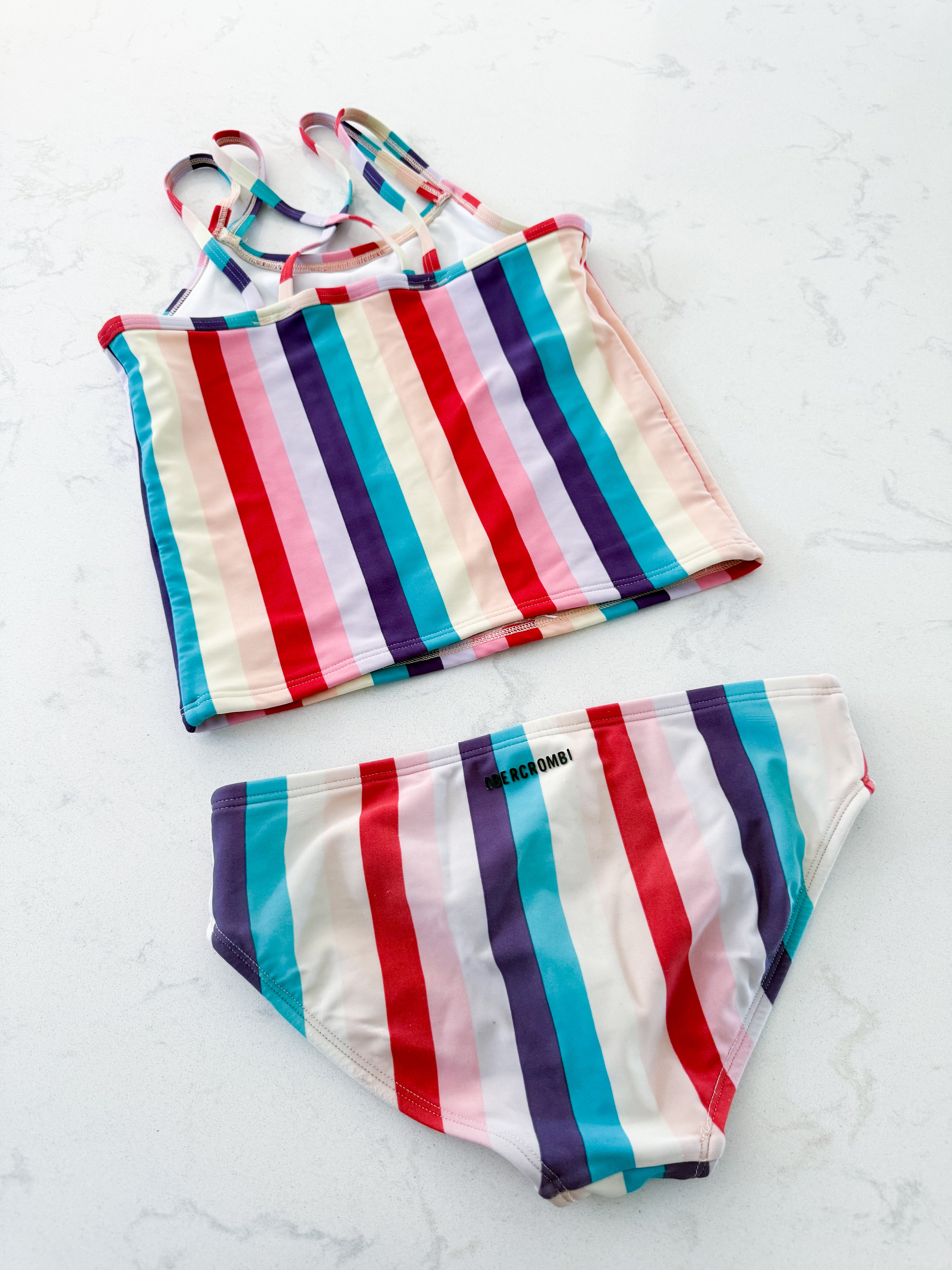 Abercrombie Kids- 9-10Y- PLAY- red blue purple and pink striped two piece bathing suit