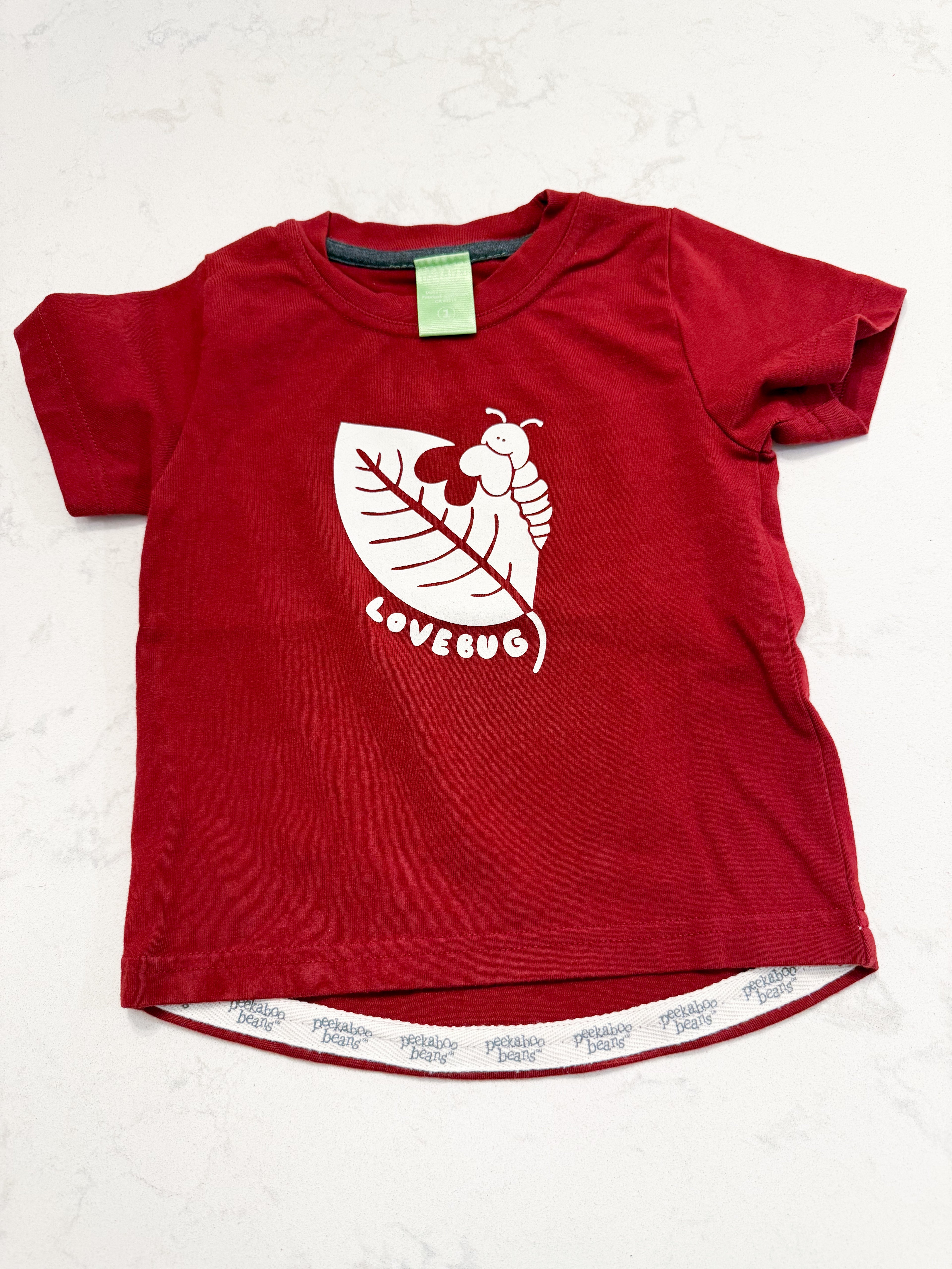 Peekaboo Beans- 3T- VGUC- burgundy t shirt with love bug on front