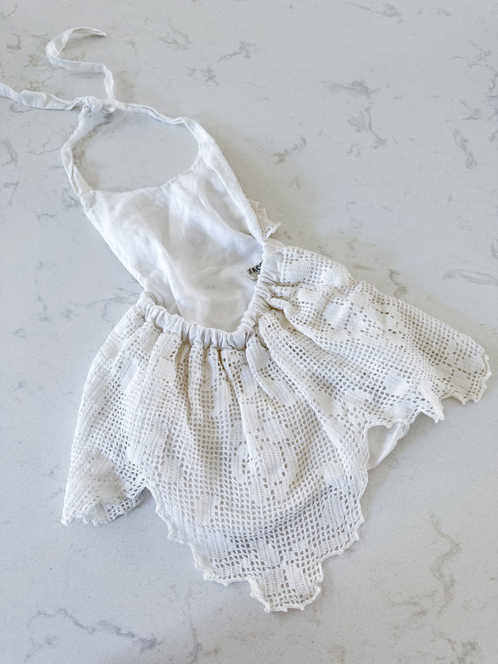 Jacquie Sews- unknown size (6-18m range)- VGUC- handmade crochet halter romper with crochet accents
