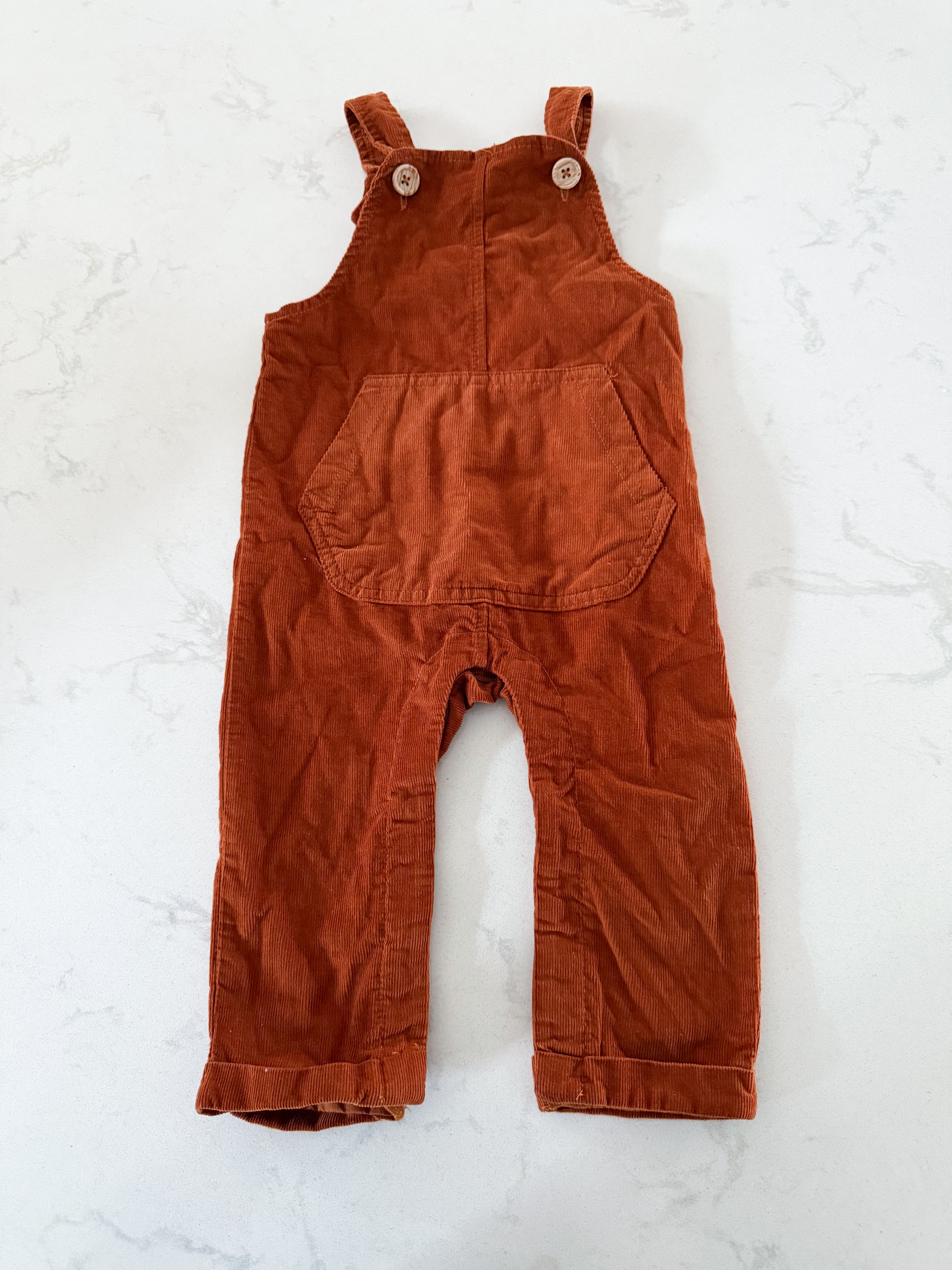 Rabbit and Bear- 12m- GUC- brown/orangey corduroy overalls