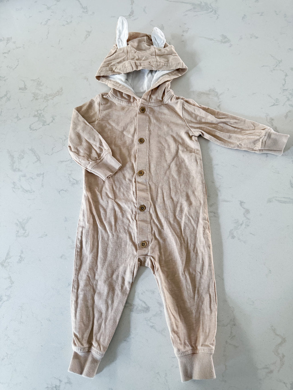 Carter’s- 9m- GUC- beige button up hooded romper with ears