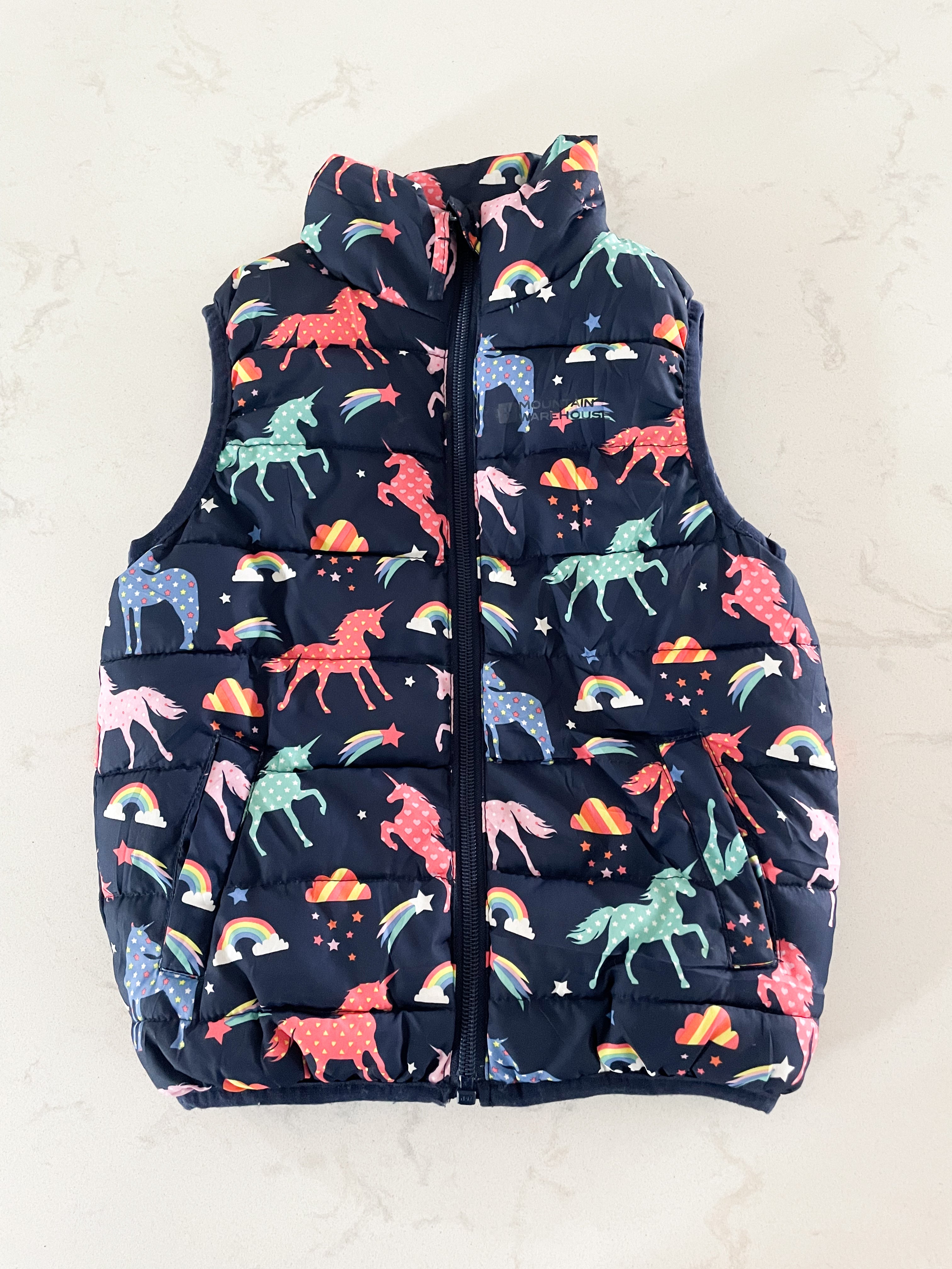 Mountain Warehouse- 2-3Y- VGUC- navy blue rainbow unicorn puffer vest