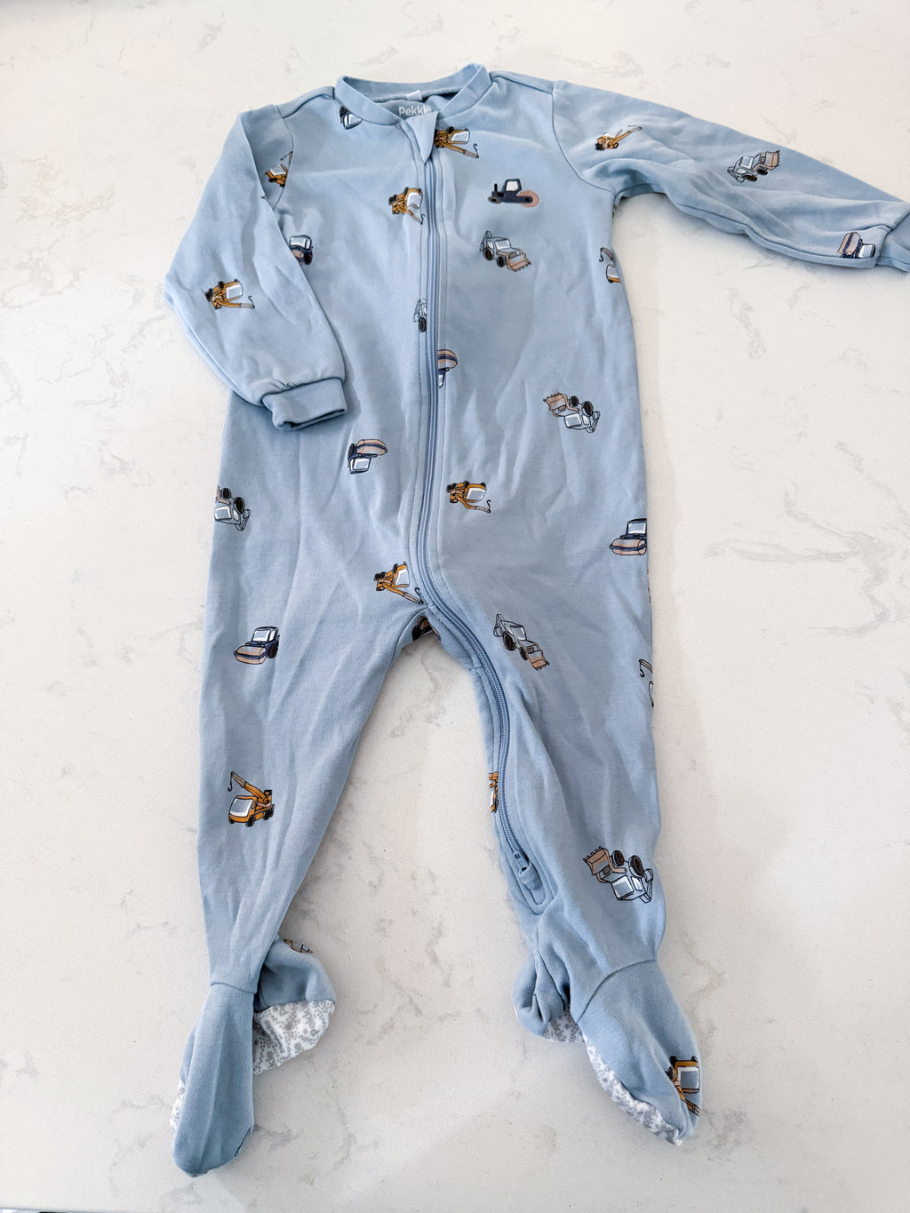 Pekkle- 18m- VGUC- blue zip up jammies with embroidered construction truck