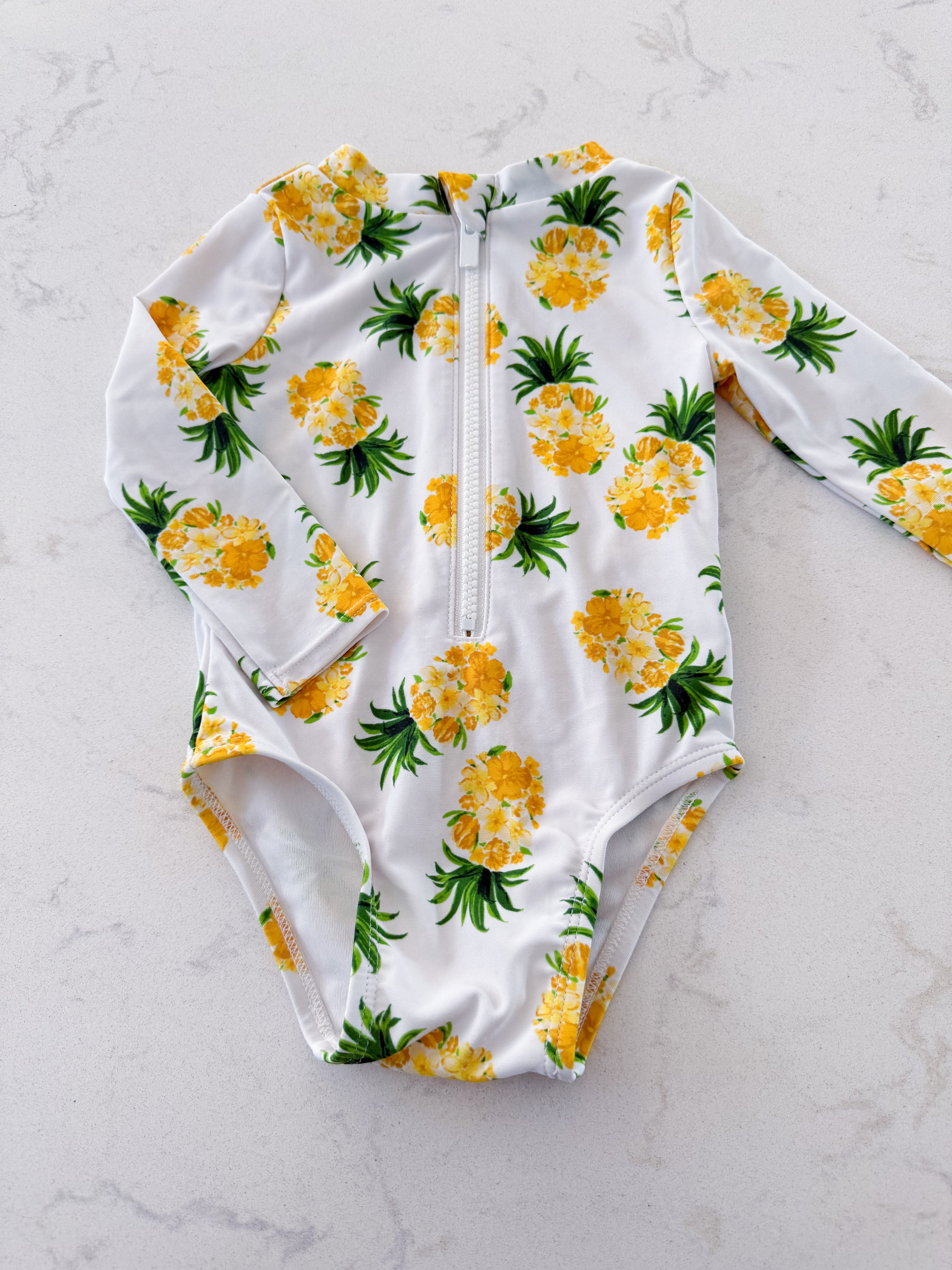 Old Navy- 12-18m- PLAY- white long sleeve bathing suit with pineapples