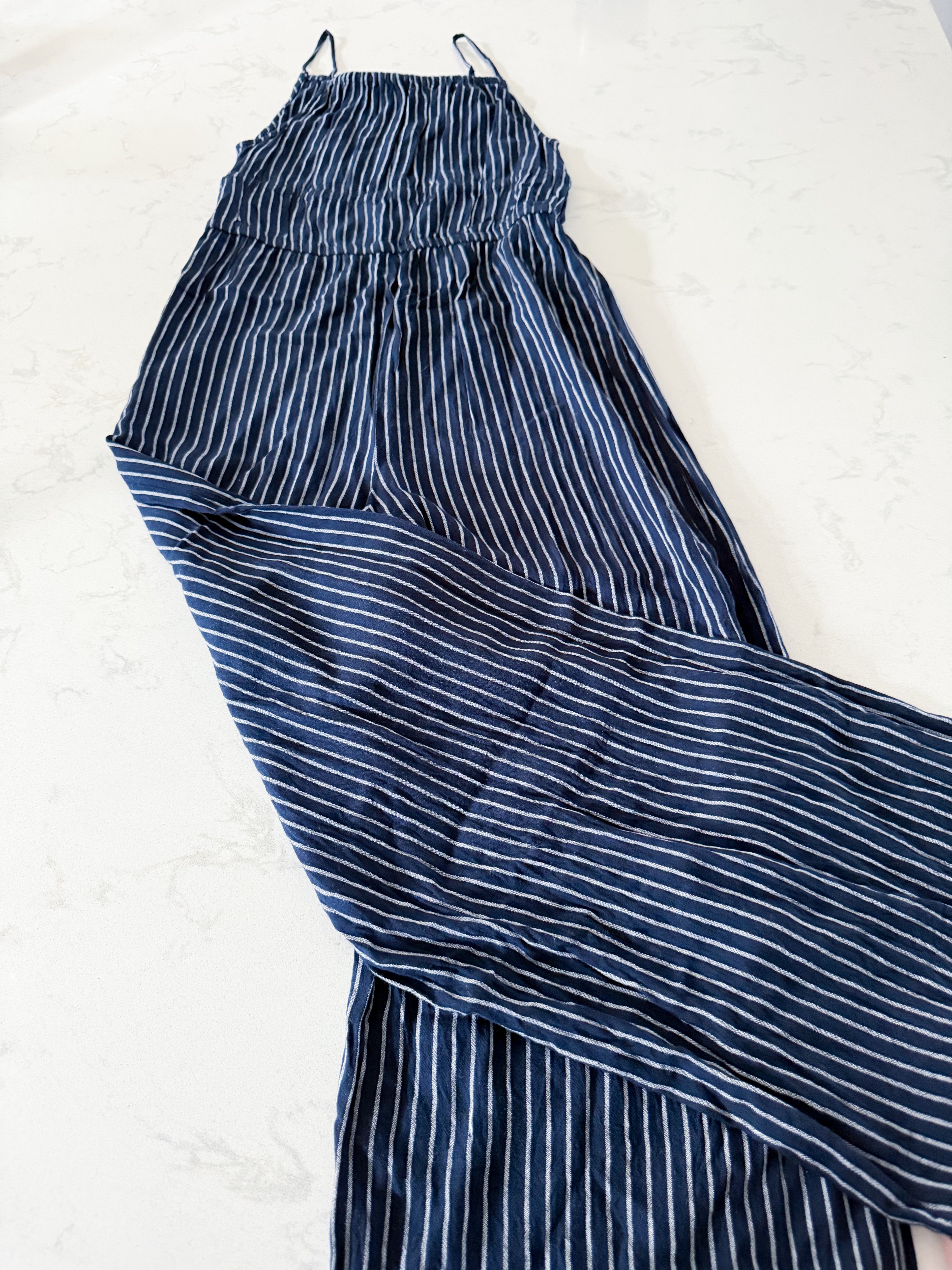 H&M- 12Y- GUC- navy blue tank romper with thin white stripes