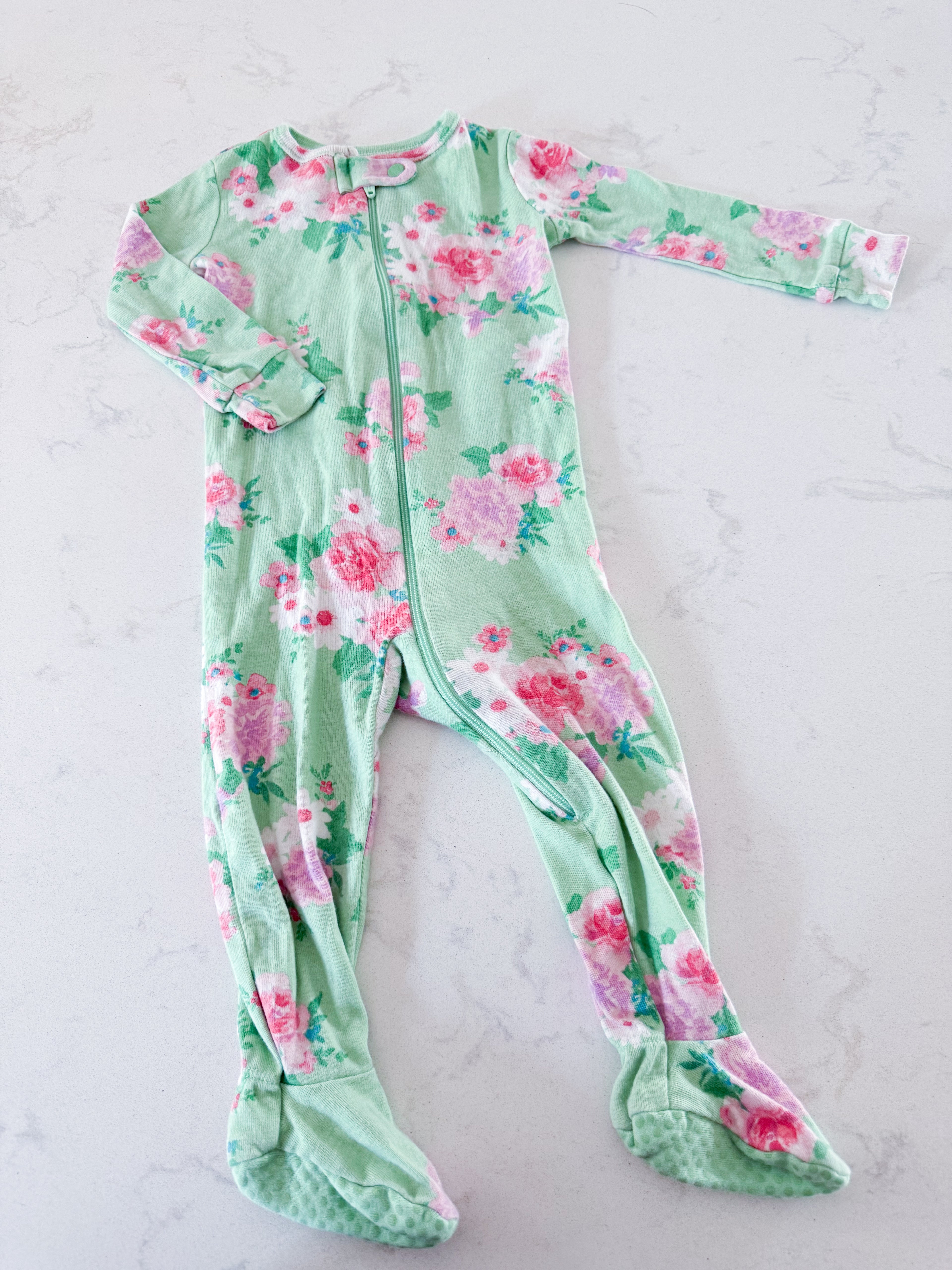The Children’s Place- 6-9m- PLAY- light green zip up footie pajamas with pink flowers